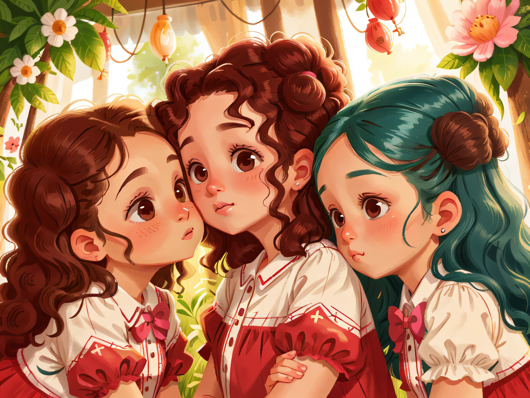 Two twin girls curly brown hair, Livia kisses her mother on the right cheek and Lavinia kisses her mother on the right cheek both at the same time.