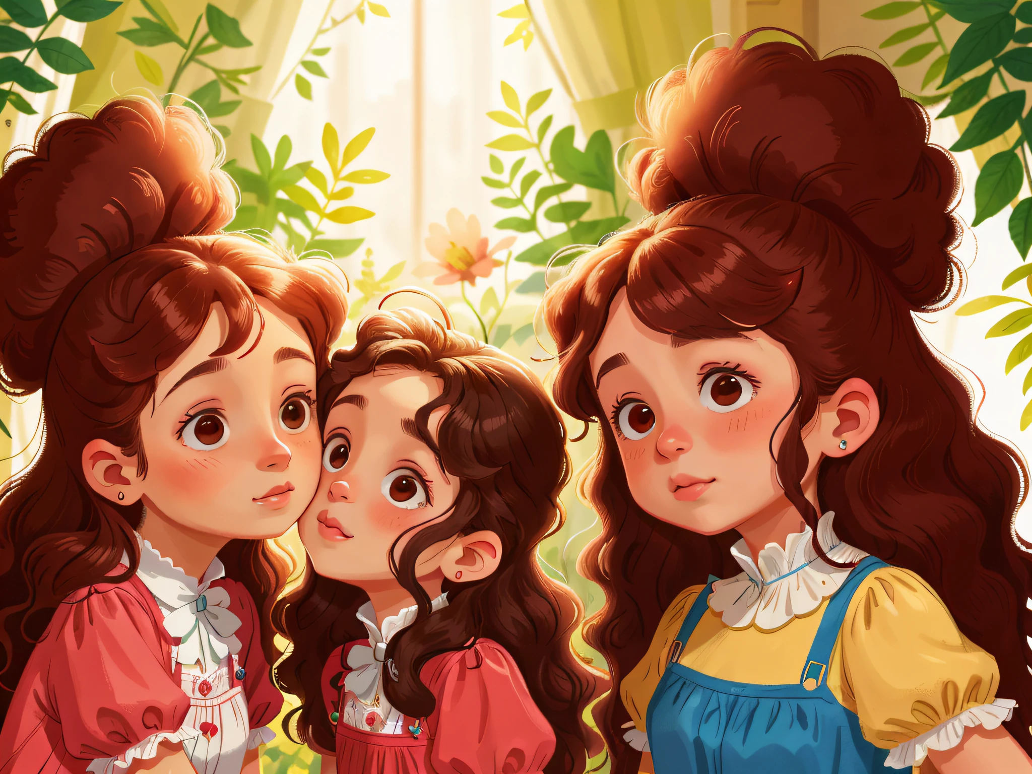 Two twin girls curly brown hair, Livia kisses her mother on the right cheek and Lavinia kisses her mother on the right cheek both at the same time.