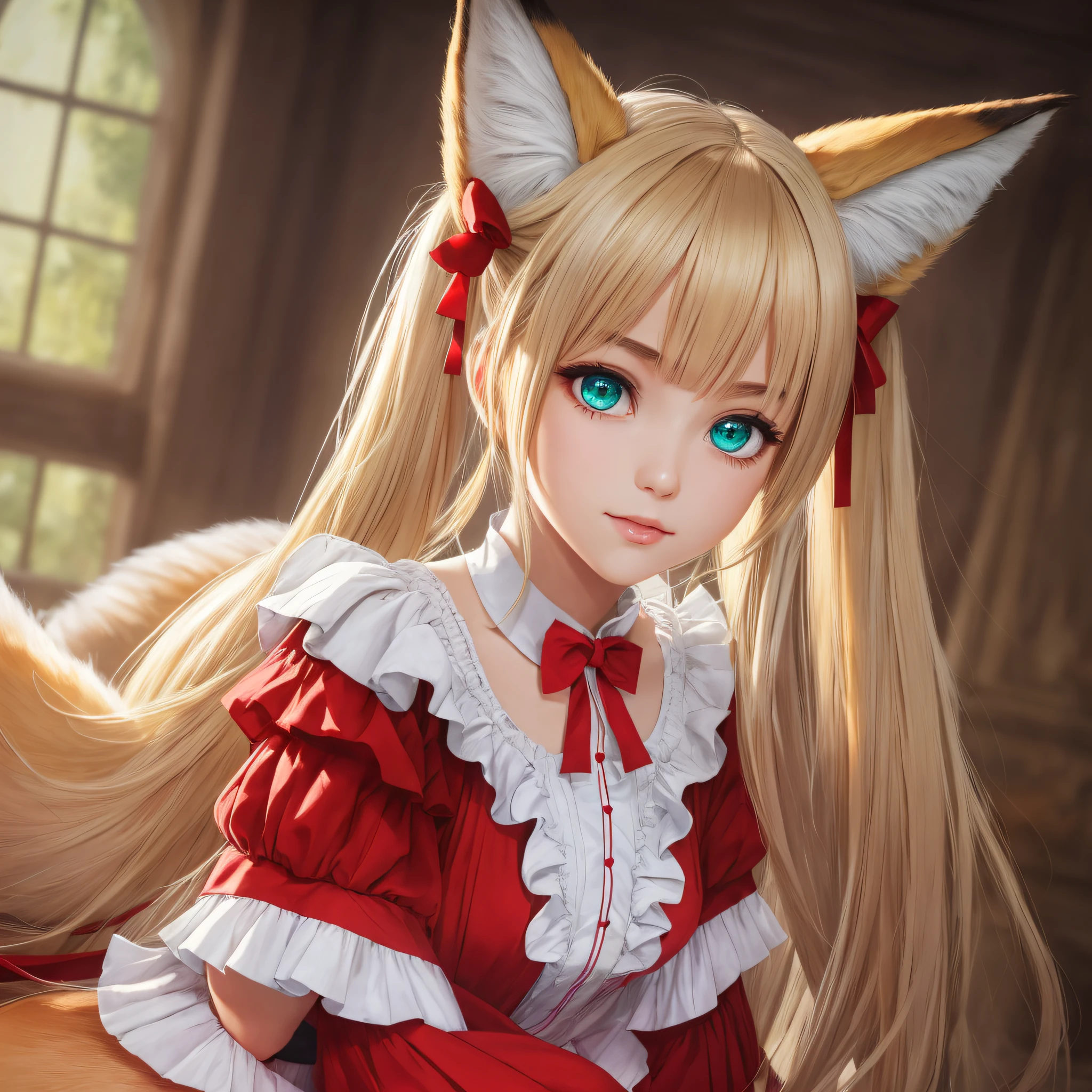 (8k, RAW photo, top quality, masterpiece: 1.2), (realistic, photorealistic: 1.37), 1 girl, (idol), (charm: 1), origin, diandre, cute, professional lighting, photon mapping, radiosity, physically based rendering, blonde twintails, fox ears, odd eye, blue left eye, green right eye, left and right different eyes, lolita, national costume, fox tail, white and red clothes, masterpiece, top quality, --auto --s2