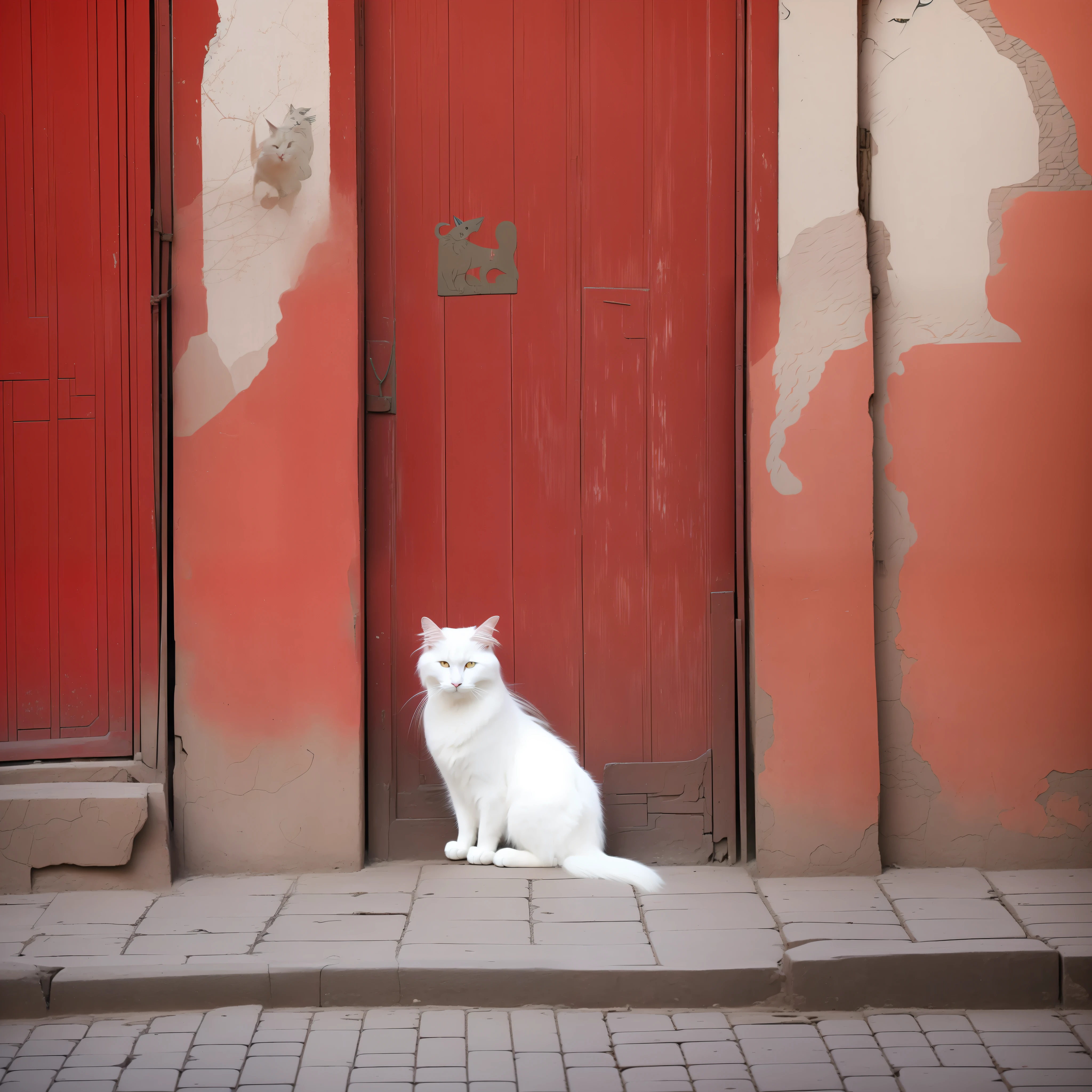 White long-haired cat with Beijing hutong in the background, red wall green tiles