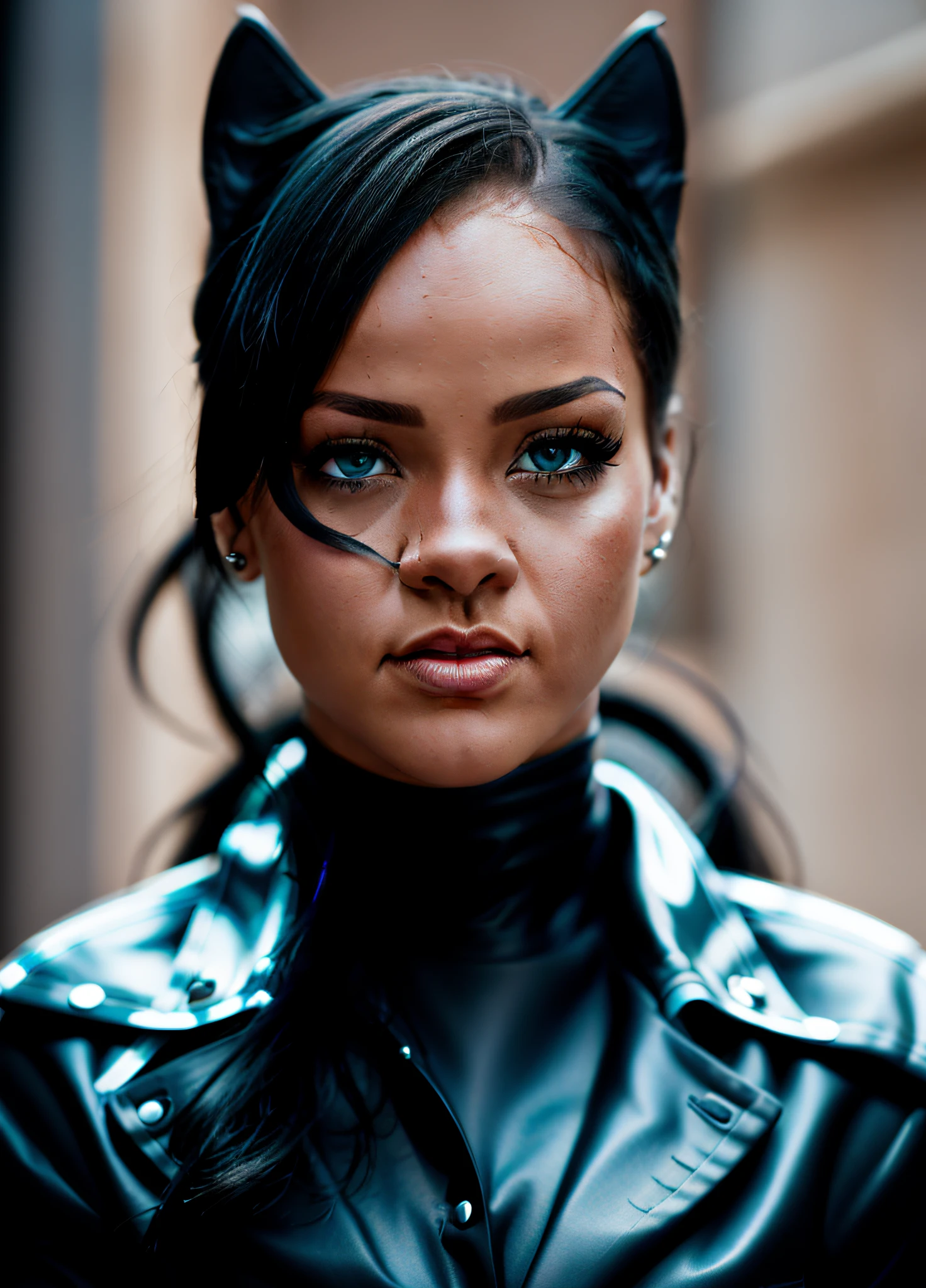 photo of a woman CAT WOMAN'S CLOTHING, by the street, (((front to camera)))), detailed face, , style, ultra detailed photography, cinematic lighting, , 4k, high resolution, detailed skin, detailed eyes
