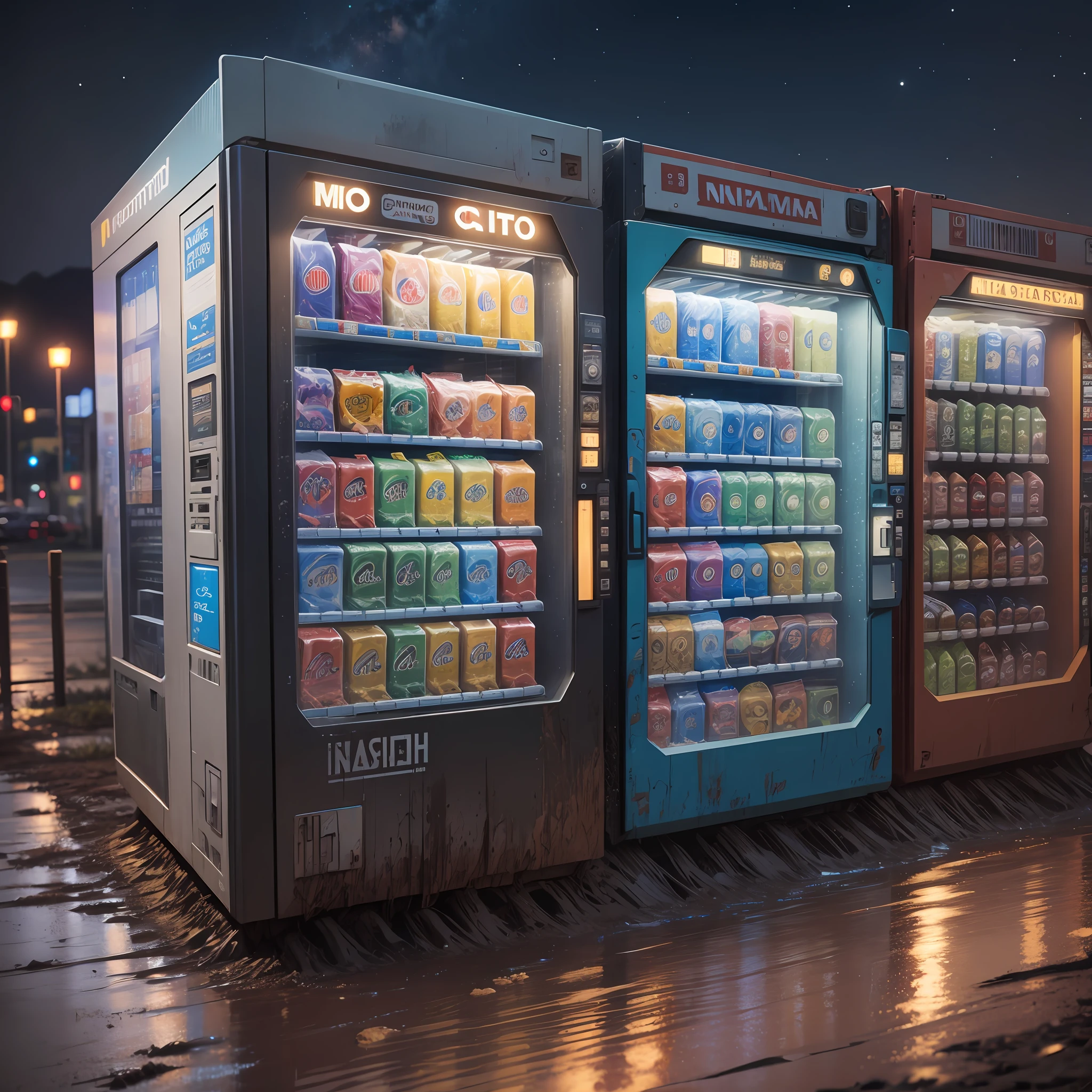 vending machine in the mud, night, realistic, cinematic, 8k --auto --s2