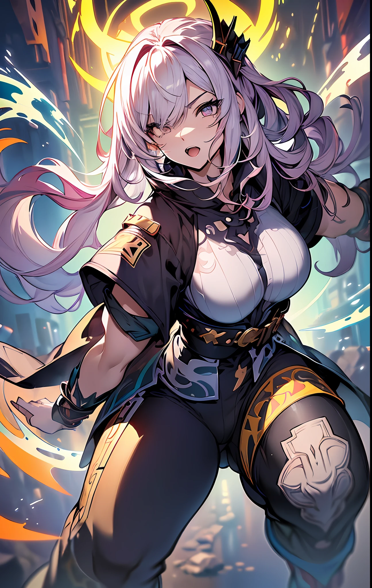 ((((spectacular))) ((heroic)) (((intense))),background, mixed-language_text, Japanese letters in graffit ,girls, excellent lighting, sidelighting, (), vhsKeeper,, style GUILTY GEAR -STRIVE perfect ultimate (flat color: 1.3), (magazine_cover: 1.4), (multicolored_background: 1.3), striped_background, card_background, :: comix style by joe madureira :: circular pieces of white metals glued to the arms coming out shimmering yellow glow, big breast , perfect and detailed, ultra detailed shirt with abstract design and with Japanese letter print in graphite of the sides of the clothing, image of full-body girls fighting next to you with powerful dragons versus alien creature full of tentacles, with immersive effects, hover effect, background style graffiti tribal tattoo with vibrant colors "HDR ultra" detailed and with focus effect, (masterpiece: 1.2, best quality), (finely detailed beautiful eyes: 1.2), , ((Solo)), (Finely detailed eyes and detailed face:1.3), in various full-body attack poses, (cute background: 1.2),futuristic costume, super detailed circular metals Grabbed at arms and pants, fantastic paintings, eyes absolutely, hyper detailed, highest resolution, hair covering eyes, beautiful face, open mouth with a soft pink lipstick, beautiful eyes, vibrant colors, night, digital art of the highest quality, stunning art, 4k,8k,64k wallpaper, HD, incomparable masterpiece, dynamic lighting, cinematic, epic
