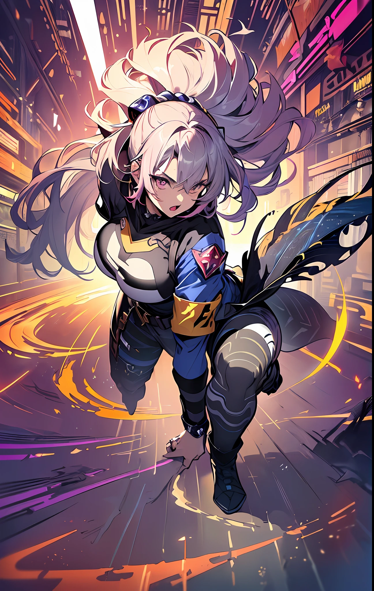 ((((spectacular))) ((heroic)) (((intense))),background, mixed-language_text, Japanese letters in graffit ,girls, excellent lighting, sidelighting, (), vhsKeeper,, style GUILTY GEAR -STRIVE perfect ultimate (flat color: 1.3), (magazine_cover: 1.4), (multicolored_background: 1.3), striped_background, card_background, :: comix style by joe madureira :: circular pieces of white metals glued to the arms coming out shimmering yellow glow, big breast , perfect and detailed,  ultra detailed shirt with abstract design and with Japanese letter print in graphite of the sides of the clothing, image of full-body girls fighting next to you with powerful dragons versus alien creature full of tentacles, with immersive effects, hover effect, background style graffiti tribal tattoo with vibrant colors "HDR ultra" detailed and with focus effect,  (masterpiece: 1.2, best quality), (finely detailed beautiful eyes: 1.2), , ((Solo)), (Finely detailed eyes and detailed face:1.3), in various full-body attack poses, (cute background: 1.2),futuristic costume, super detailed circular metals Grabbed at arms and pants, fantastic paintings, eyes absolutely, hyper detailed, highest resolution, hair covering eyes, beautiful face, open mouth with a soft pink lipstick,   beautiful eyes, vibrant colors, night, digital art of the highest quality, stunning art, 4k,8k,64k wallpaper, HD, incomparable masterpiece, dynamic lighting, cinematic, epic