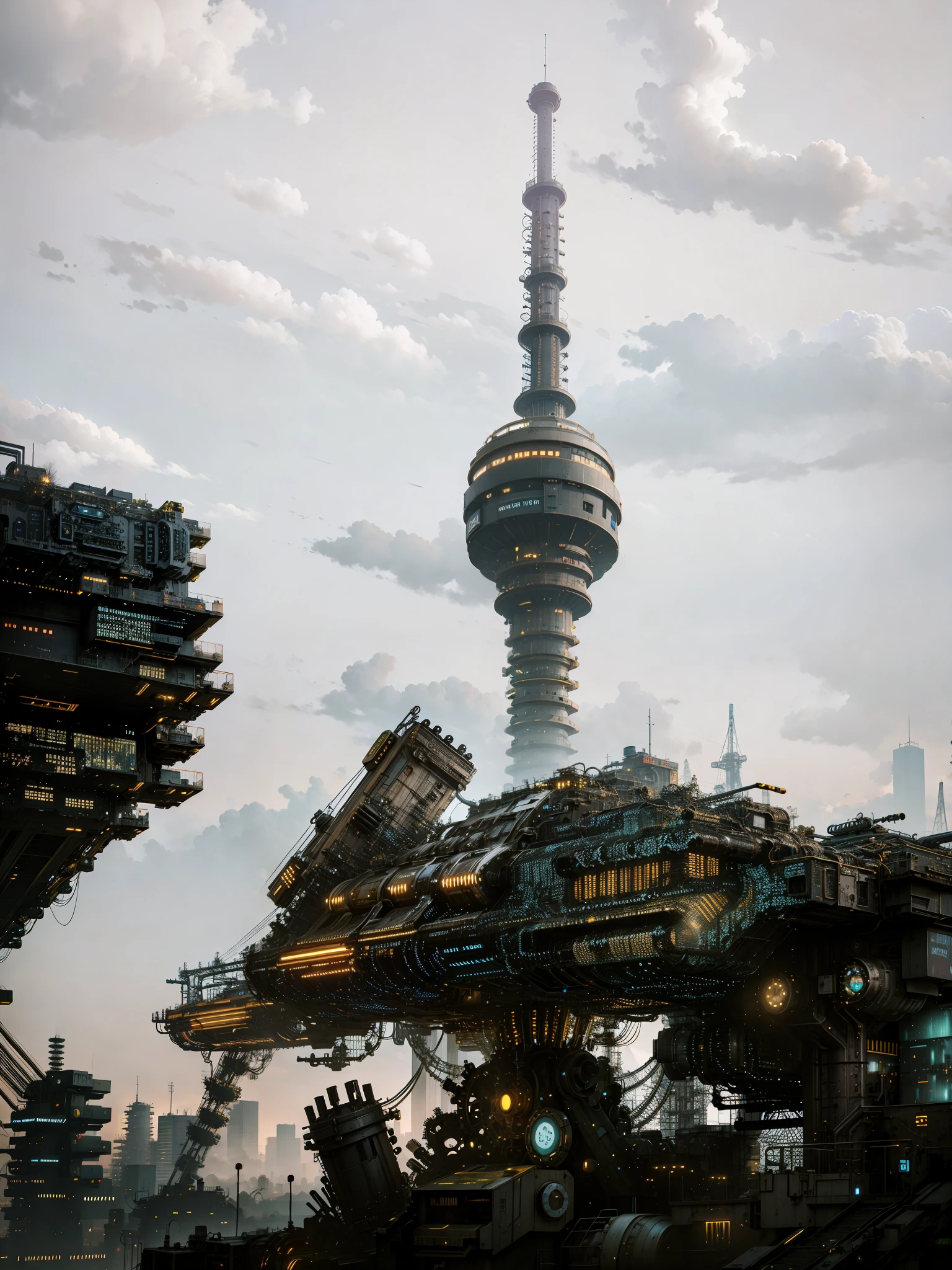 A Vaporpunk landscape, metal Vaporpunk sci-fi tower, bells, gears, flues, retro machines, protruding parts, complex machine structures and parts, vertical and horizontal pipes, smoke, metallic texture, battle damage, sense of technology, strong contrast lighting, steampunk, dim sky, background paste, HD, 8K, realism, dark yellow light