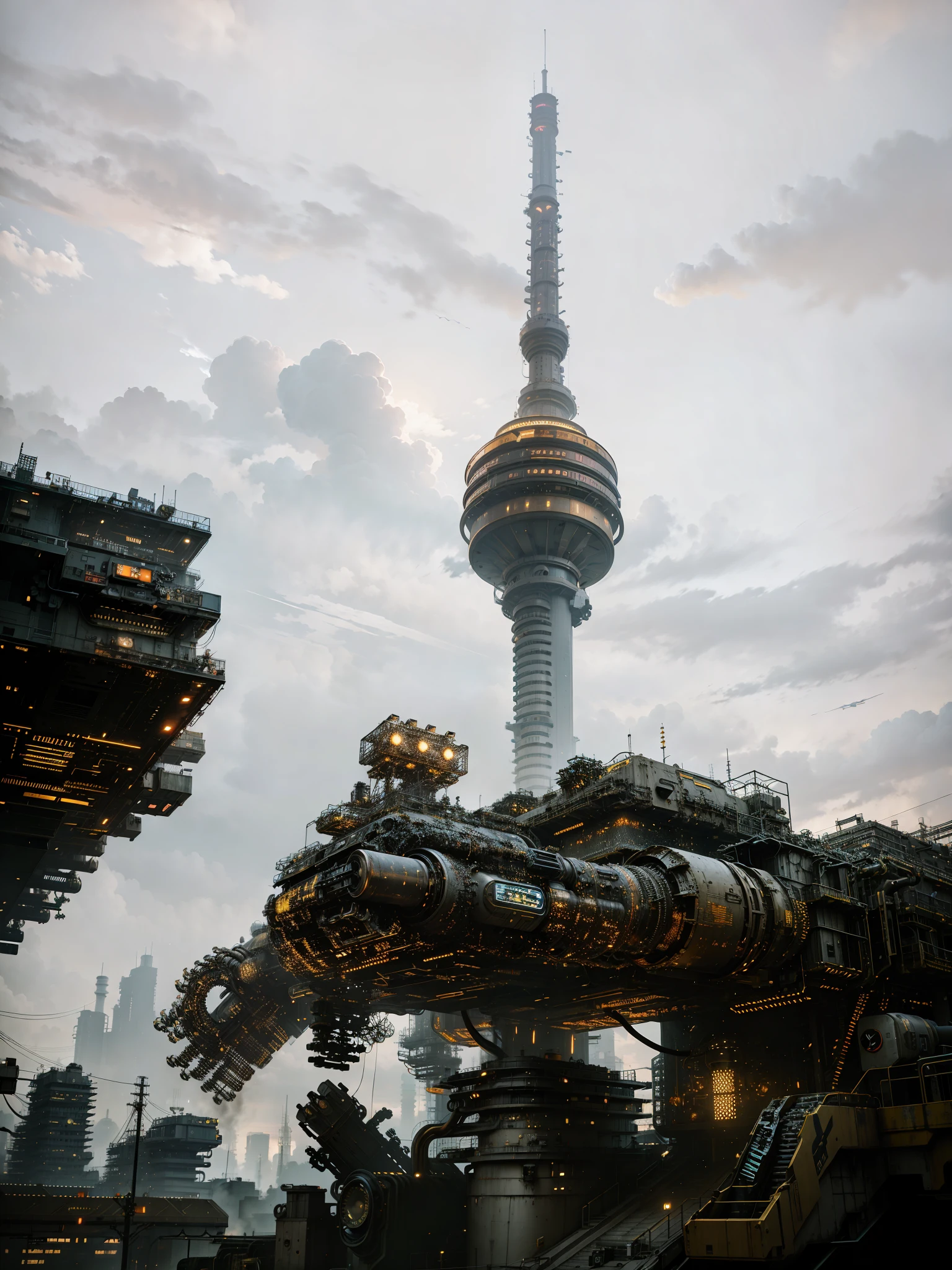 A Vaporpunk landscape, metal Vaporpunk sci-fi tower, bells, gears, flues, retro machines, protruding parts, complex machine structures and parts, vertical and horizontal pipes, smoke, metallic texture, battle damage, sense of technology, strong contrast lighting, steampunk, dim sky, background paste, HD, 8K, realism, dark yellow light