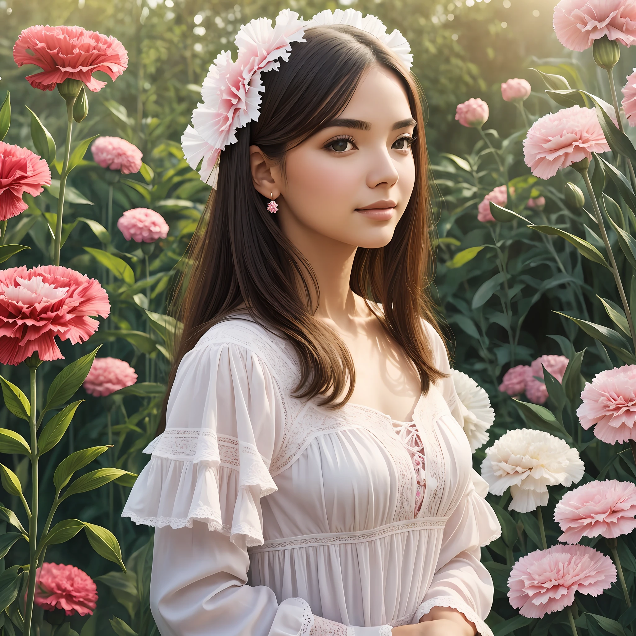 Beautiful woman looks like as Carnation, background looks as Carnation, portrait, beautiful garden