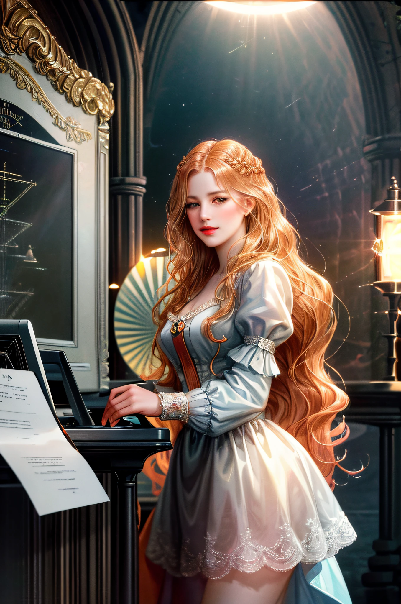 (absurdres, highres, ultra detailed), (1girl), solo, mature, aged up, (wavy long hair:1.3, salmon hair), looking at viewer, solo, (full body:0.6), detailed background, detailed face, (valvepunkai, retro-futuristic theme:1.1), researcher, fantastical science lab in background, computers, electronics, wires, microchips, bright lighting, flashing lights,, dutch angle