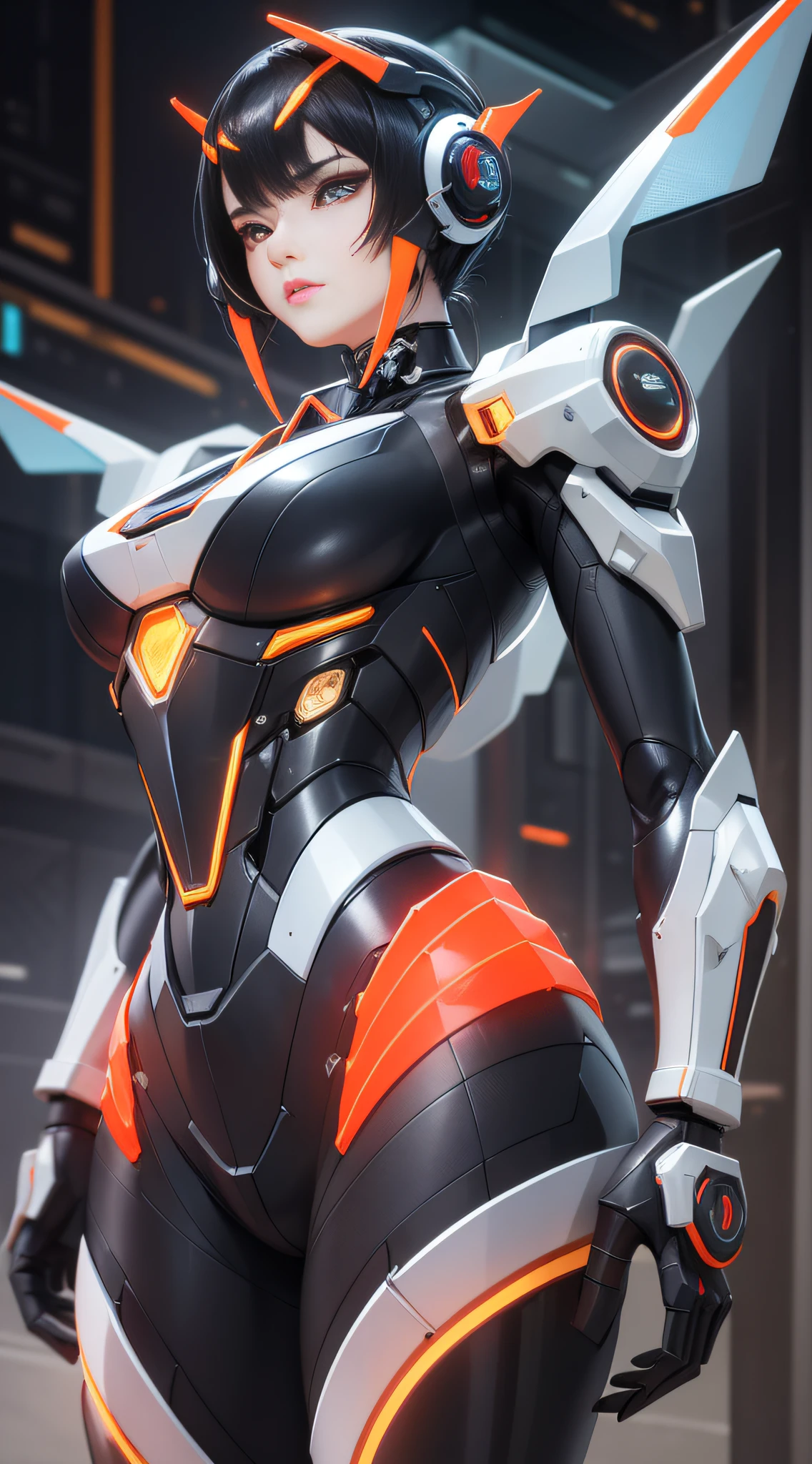 1 Mechanical Chinese Girl, Asian Girl, Clear Face, Face Optimizer, (Super Realistic Details), Carbon Fiber Mech, Bright Mecha, Perfect Blend of Any Mechanics, Full Body Shot, Global Illumination, Octane Rendering, 8K, Cool Mech, Carbon Black and Chinese Red Mixed Mecha, Metallic, Complex, Decoration Detailed, Cold, Cool Color, Highly Complex Details, Realistic Pipeline, Face the Camera, Look at the Audience, Neon Detail, Mechanical Limbs, Mechanical Vertebrae, Mechanical Cervical Vertebrae Attached to the Neck, Bright Colors , hypersaturated colors, digital art, realism style, metal wings