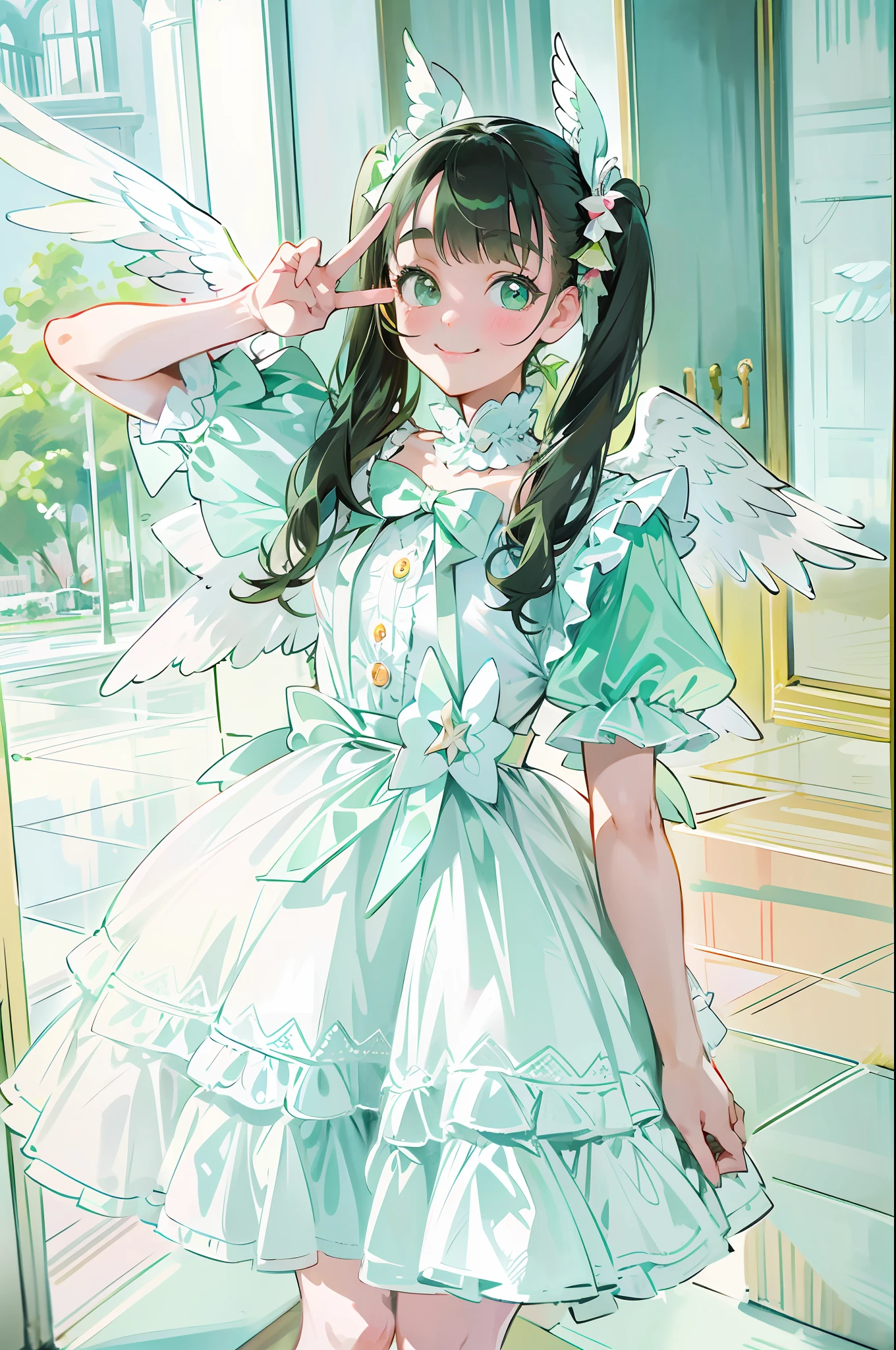 Pretty girl posing for painting in green and white dress, magical Lolita girl, radical Lolita girl, angelic pretty, loli in dress, twin tails, peace sign, smile, peace, black hair, angel wings on back