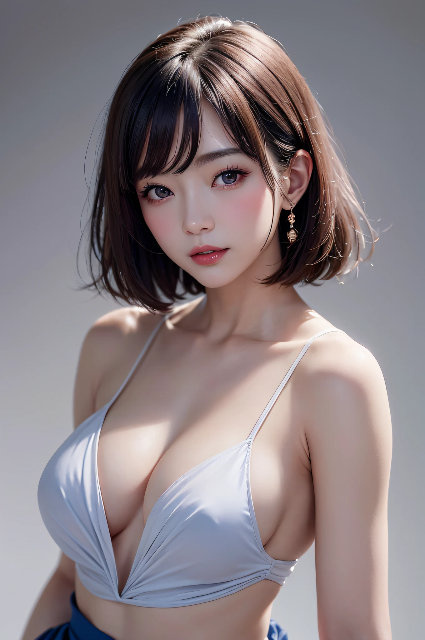 A sexy and charming Japanese woman, elegant and intellectual, confident and generous, exquisite and beautiful face, exquisite collarbone, charming fragrant shoulders, low-cut sky blue wrap skirt without suspenders, full body photo, body facing the front, beautiful and exquisite pretty face, peach Red lips, fragrant shoulders slightly exposed, breasts looming, focus on the face, seductive and delicate collarbone, ultra-high resolution, tender and smooth skin, very realistic details, bokeh, Bright Background, ultra-high-definition, outstanding details, 8K, blushing face, Attractive collarbone, sexy shoulders,one person,bob hair, short hair,smile,