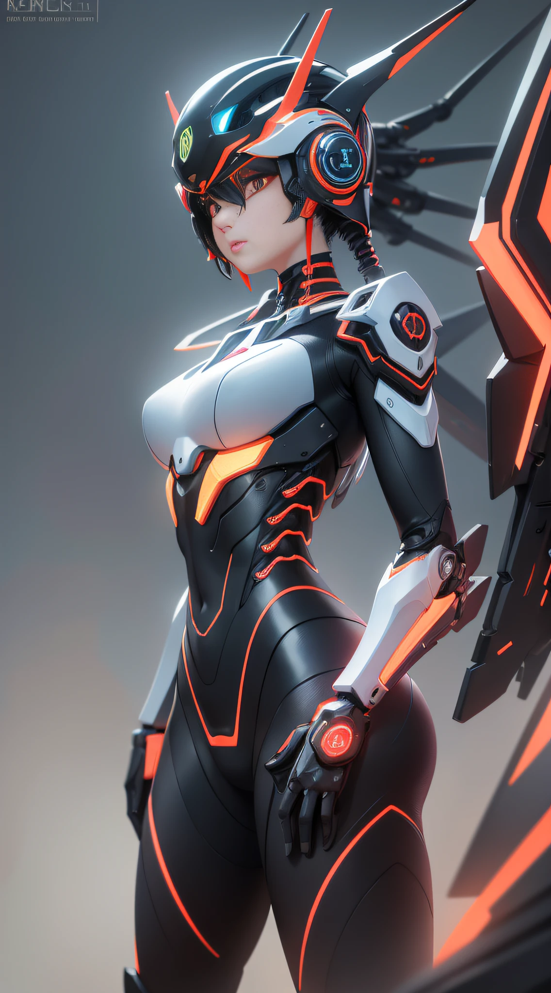 1 Mechanical Chinese Girl, Asian Girl, Clear Face, Face Optimizer, (Super Realistic Details), Carbon Fiber Mech, Bright Mecha, Perfect Blend of Any Mechanics, Full Body Shot, Global Illumination, Octane Rendering, 8K, Cool Mech, Carbon Black and Chinese Red Mixed Mecha, Metallic, Complex, Decoration Detailed, Cold, Cool Color, Highly Complex Details, Realistic Pipeline, Face the Camera, Look at the Audience, Neon Detail, Mechanical Limbs, Mechanical Vertebrae, Mechanical Cervical Vertebrae Attached to the Neck, Bright Colors , hypersaturated colors, digital art, realism style, metal wings