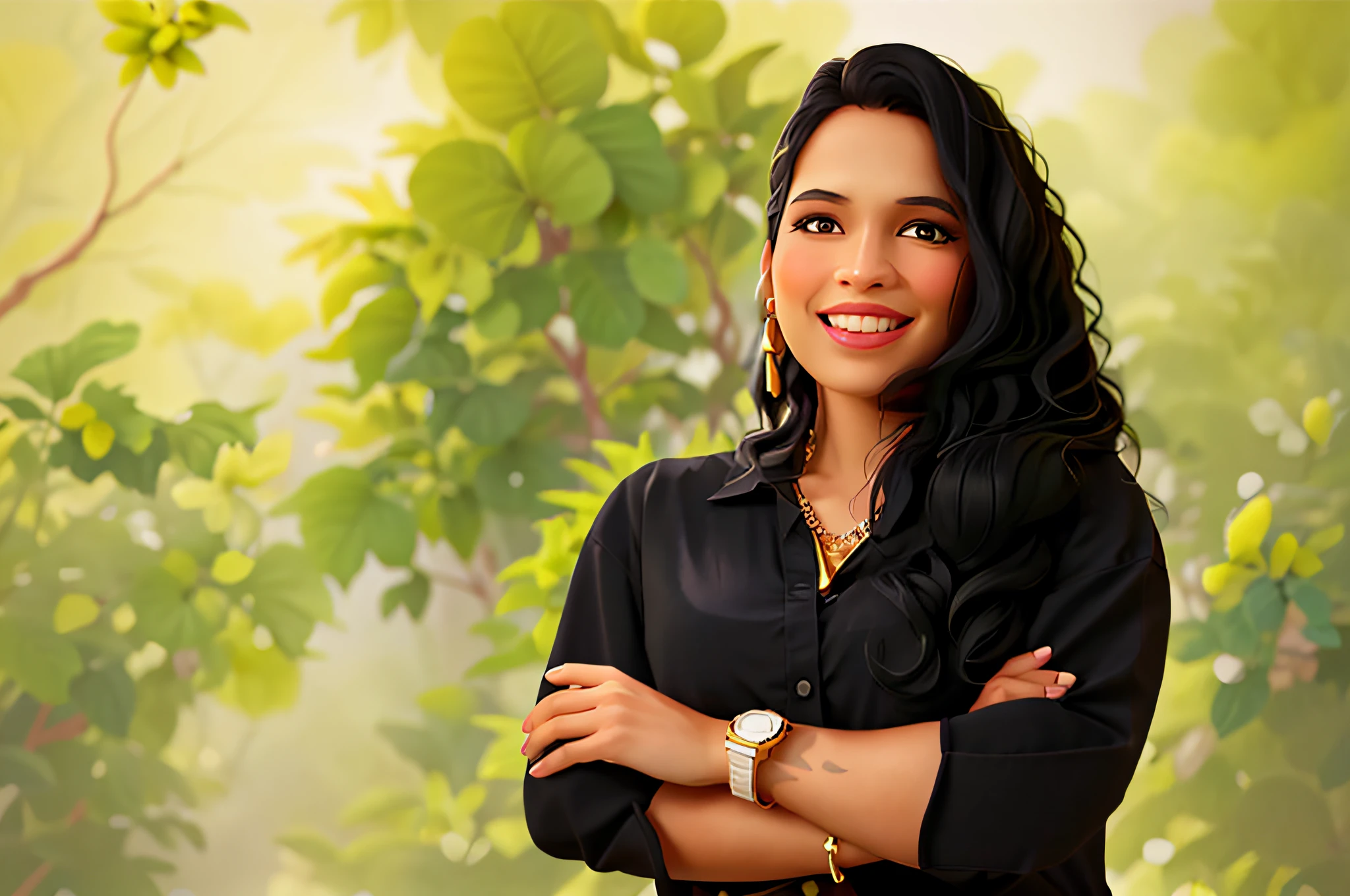 smiling black woman with long black curly hair and black shirt, malika favre, by Samuel Silva, portrait image, alanis guillen, profile image, by Almada Negreiros, inspired by Maria Helena Vieira da Silva, profile portrait, professional image, karla ortiz, by Maria Helena Vieira da Silva, portait image, julia fuentes