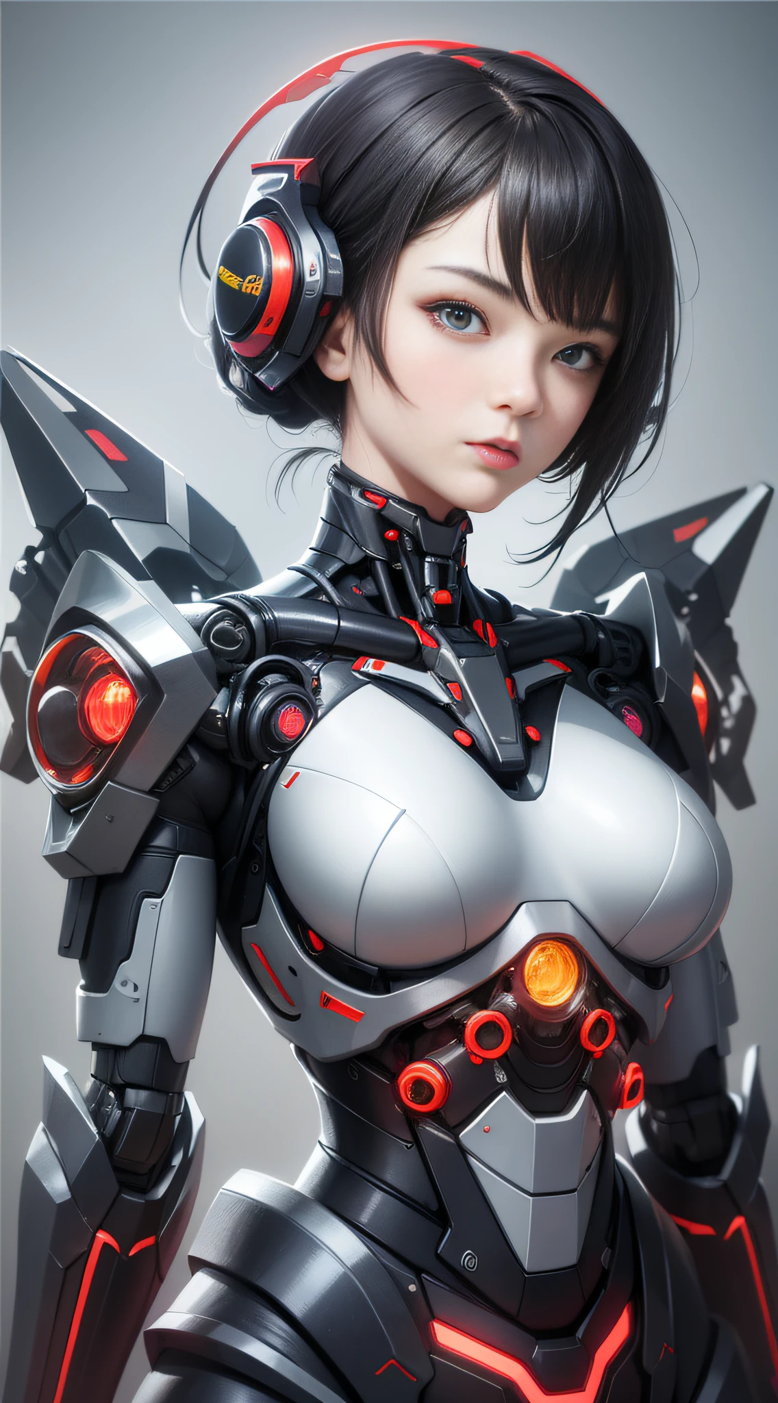 1 Mechanical Chinese Girl, Asian Girl, Clear Face, Face Optimizer, (Super Realistic Details), Carbon Fiber Mech, Bright Mecha, Perfect Blend of Any Mechanics, Full Body Shot, Global Illumination, Octane Rendering, 8K, Cool Mech, Carbon Black and Chinese Red Mixed Mecha, Metallic, Complex, Decoration Detailed, Cold, Cool Color, Highly Complex Details, Realistic Pipeline, Face the Camera, Look at the Audience, Neon Detail, Mechanical Limbs, Mechanical Vertebrae, Mechanical Cervical Vertebrae Attached to the Neck, Bright Colors , hypersaturated colors, digital art, realism style, metal wings