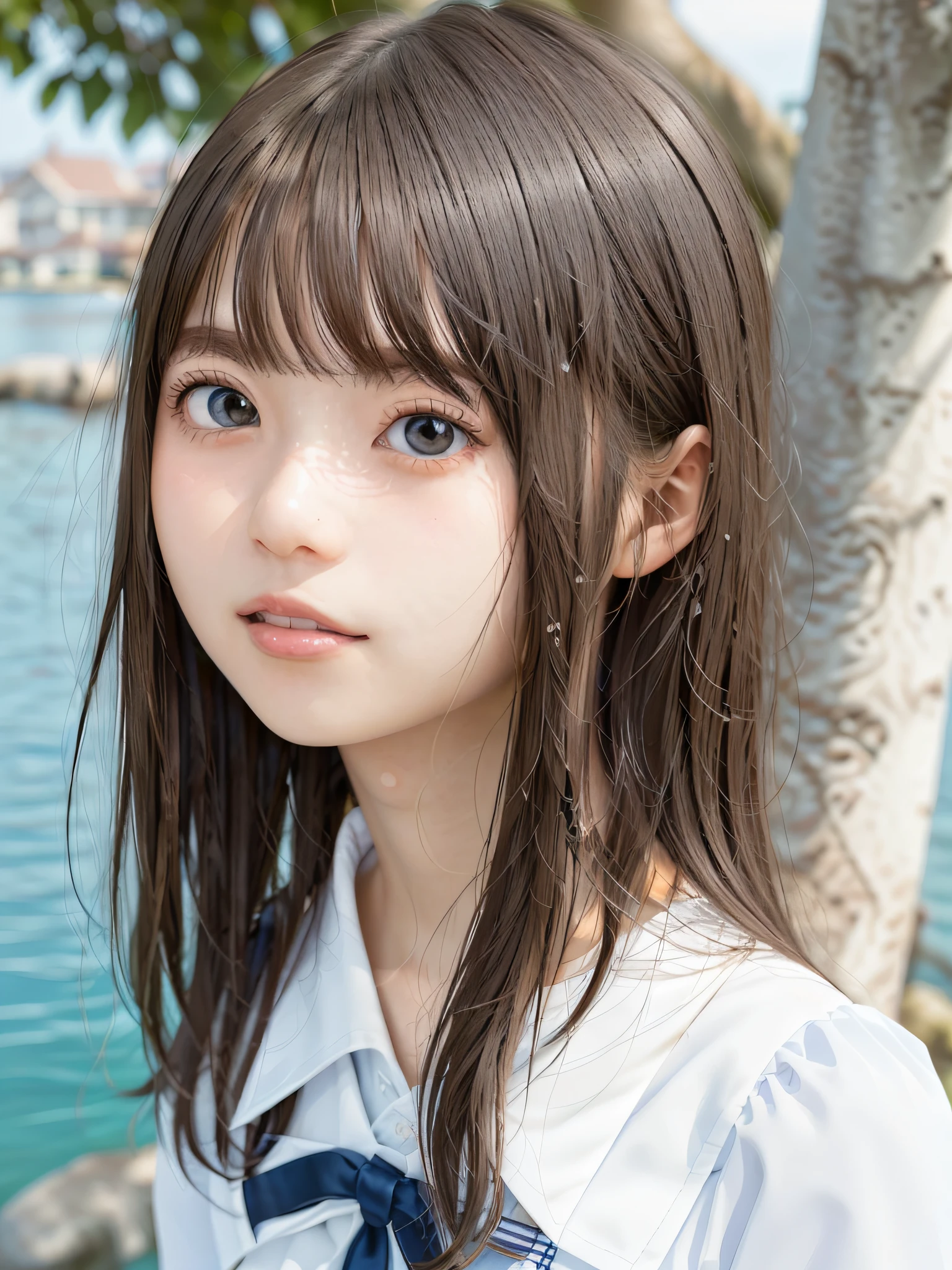 (see-through:1.3),white serafuku,sailor dress, white theme,school uniform, sailor suit, looking at viewer,  insanity, messy long hair, beautiful detailed eyes,Hair glows,dramatic angle,blue sailor collar, perky breasts,light smile,partially underwater shot,
hdr, (photorealism, masterpiece quality, best quality), , pureerosface_v1,ulzzang-6500-v1.1,