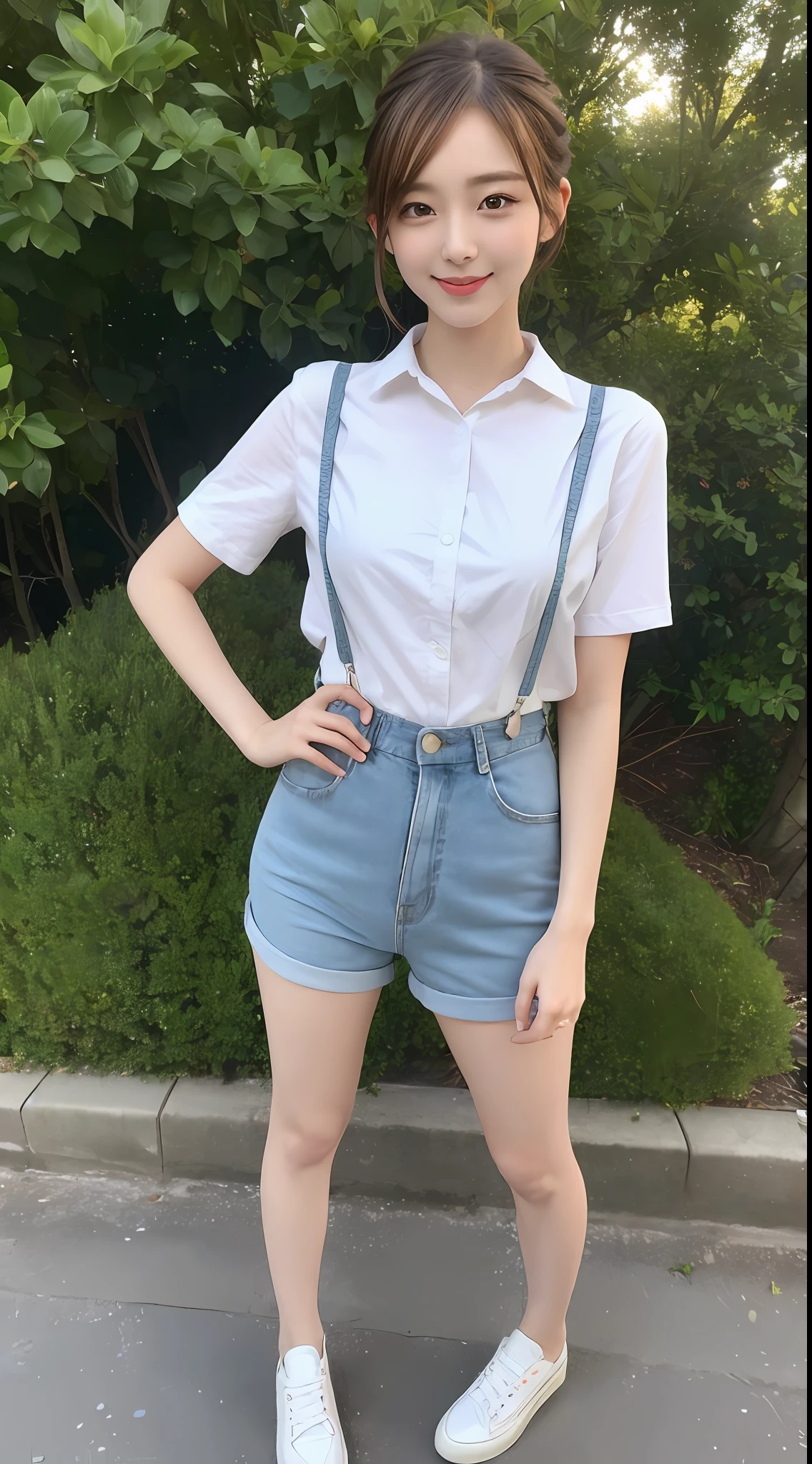 ((Best Quality, 8K, Masterpiece: 1.3)), 1girl, Slender Beauty: 1.3, (Casual hairstyle, Full body: 1.2), Scotch suspenders: 1.1, Super fine face, Delicate eyes, Double eyelids, smile, Outdoor