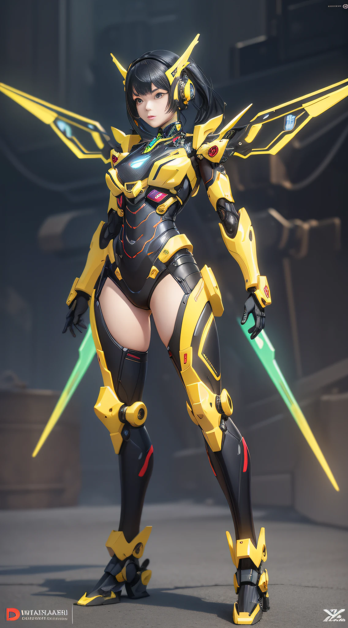 1 Mechanical Chinese Girl, Asian Girl, Clear Face, Face Optimizer, (Super Realistic Details), Carbon Fiber Mech, Bright Mecha, Perfect Blend of Any Mechanics, Full Body Shot, Global Illumination, Octane Rendering, 8K, Cool Mech, Carbon Black and Chinese Red Mixed Mecha, Metallic, Complex, Decoration Detailed, Cold, Cool Color, Highly Complex Details, Realistic Pipeline, Face the Camera, Look at the Audience, Neon Detail, Mechanical Limbs, Mechanical Vertebrae, Mechanical Cervical Vertebrae Attached to the Neck, Bright Colors , hypersaturated colors, digital art, realism style, metal wings