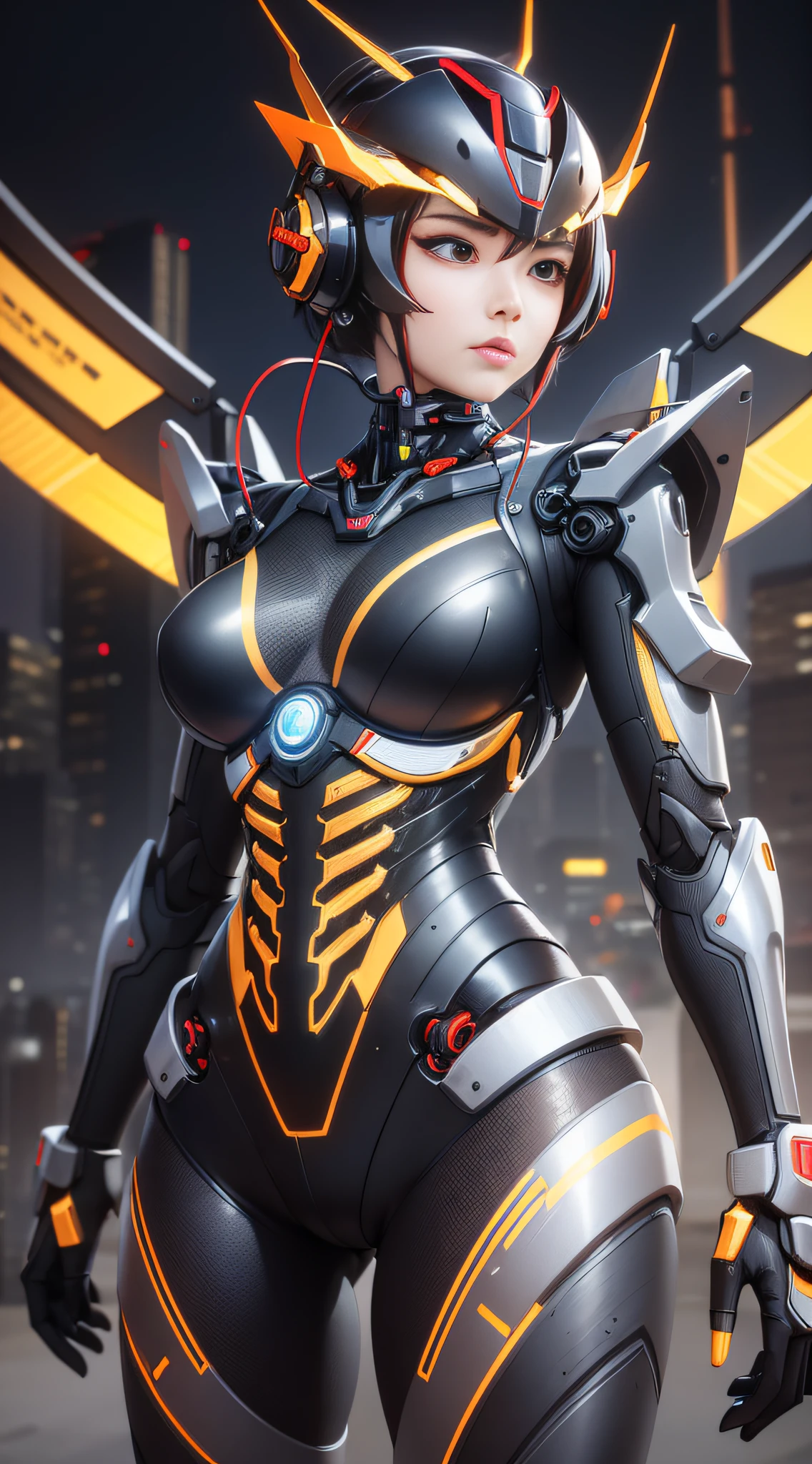 1 Mechanical Chinese Girl, Asian Girl, Clear Face, Face Optimizer, (Super Realistic Details), Carbon Fiber Mech, Bright Mecha, Perfect Blend of Any Mechanics, Full Body Shot, Global Illumination, Octane Rendering, 8K, Cool Mech, Carbon Black and Chinese Red Mixed Mecha, Metallic, Complex, Decoration Detailed, Cold, Cool Color, Highly Complex Details, Realistic Pipeline, Face the Camera, Look at the Audience, Neon Detail, Mechanical Limbs, Mechanical Vertebrae, Mechanical Cervical Vertebrae Attached to the Neck, Bright Colors , hypersaturated colors, digital art, realism style, metal wings