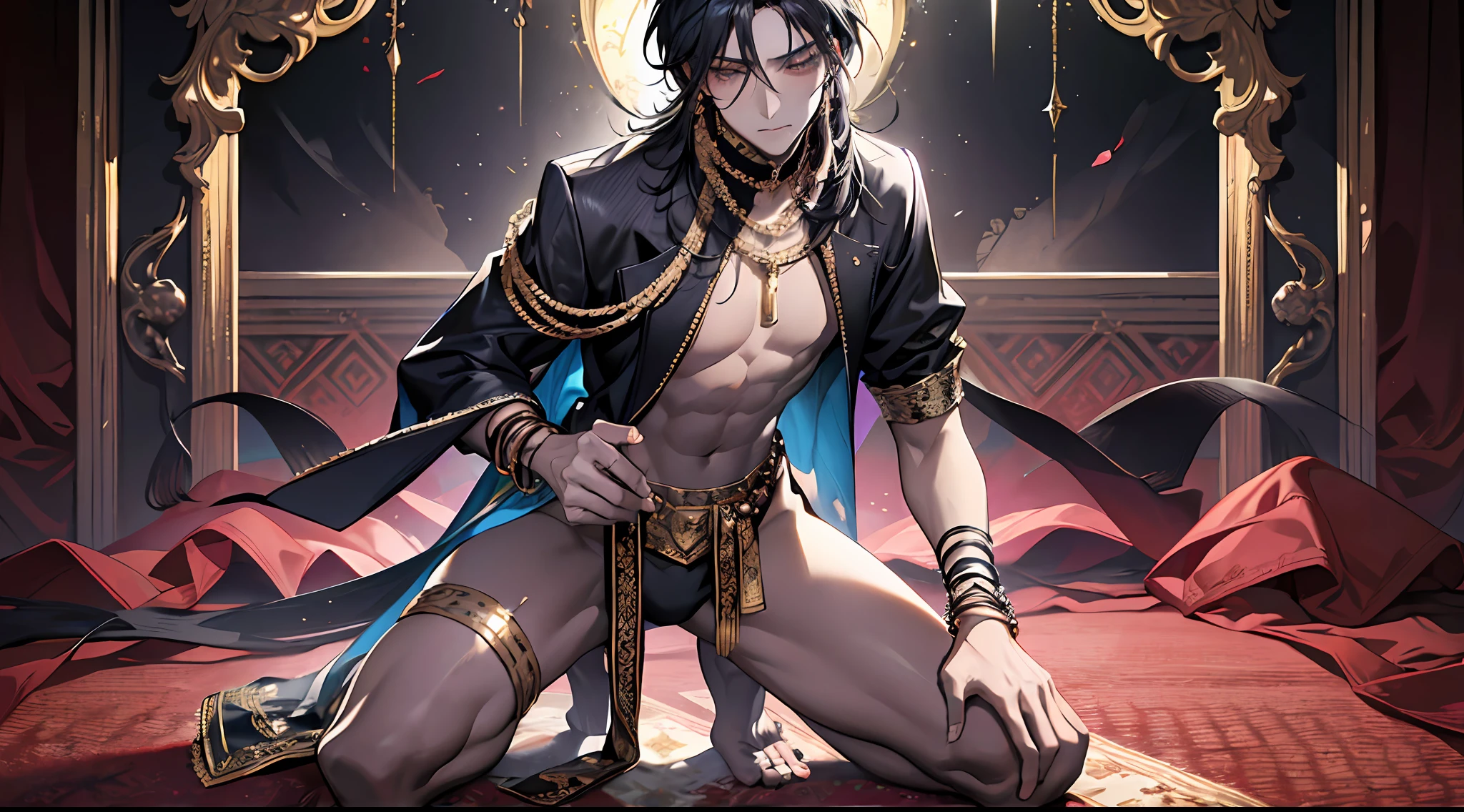 Black Skin, No Top, Young Men, 1boy, Male, Manly, Prince of Persia, Leaky Waist, Jewelry, Brilliant, Long Curls, Black Hair, Dark Skin, Emerald Eyes, Gold Waist Chain, Armband, Thin Waist, Bare Legs, Barefoot, Anklet, Bracelet, Ring, Dynamic Pose, Dramatic Composition, Carpet, Wounded, War Damage, Bleeding from the Corners of the Mouth, Kneeling, Carpet, Chain, Collar, Cage, Laughter, Blush, Close Up, Extreme Detail, High Definition