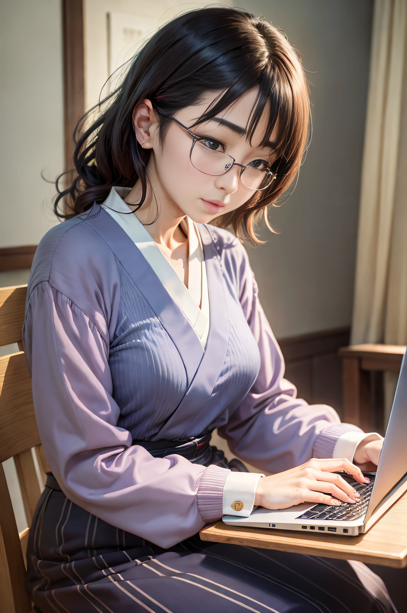 There is a woman sitting at the table with a laptop, Kawai Gyokudo, Ikuo Hirayama, touching clothes, brilliant, Narumi Kakinouchi, masterpiece, in the apartment of Japan, with laptop on her lap, Sakimi and Frank Franzeta,