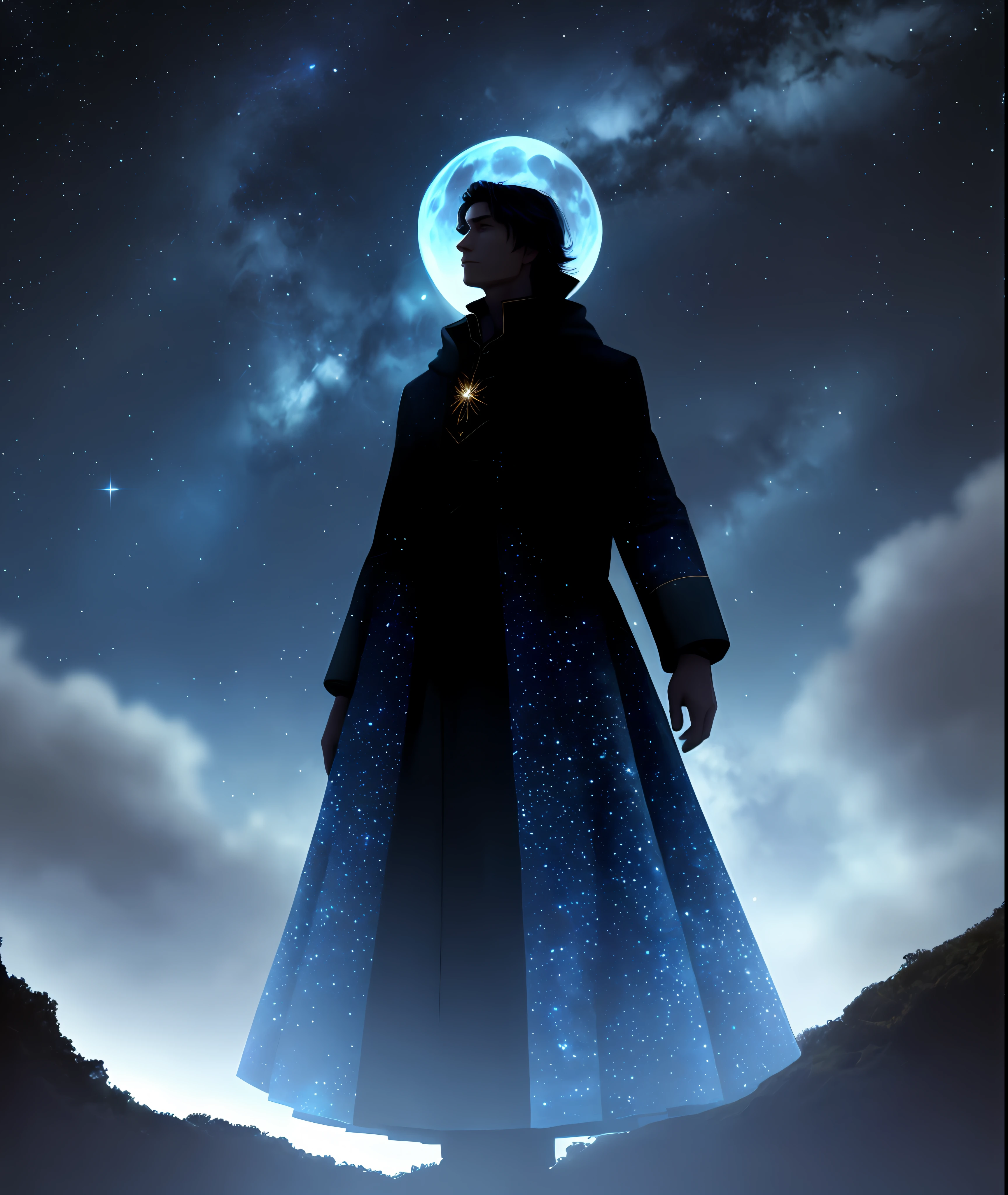 The image depicts a nocturnal setting in which a solitary figure is standing in a wide, open environment. Man is represented only by his silhouette, with distinct outlines against the starry sky. The man is positioned in the center of the image, looking up. His arms are slightly apart from his body, as if absorbing the magnitude of the moment. His posture is upright, demonstrating a mixture of reverence and admiration. The night sky is the highlight of the image. It is filled with bright stars, painting a dark background, but full of light. The bright blue moon is the central focal point. Its shape is circular and perfectly defined, emitting a soft and ethereal glow. She stands out from all the other stars, illuminating the darkness with her enchanting presence. The atmosphere of the image is one of serenity and contemplation. The combination of the solitary figure looking up, the majestic blue moon and the starry sky convey a sense of wonder at the vastness of the universe and a special connection to the cosmos. The color palette is composed of dark tones, predominantly blue and black for the night sky, contrasting with the silvery glow of the stars. The blue moon emits an intense, iridescent blue hue, standing out vividly in the middle of the sky.