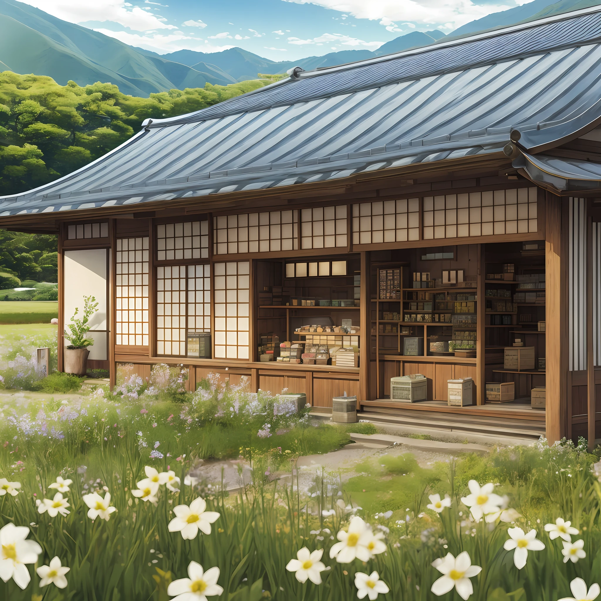 A small, isolated shop In rural Japan, fields, realistic, highly detailed, 8k --auto --s2