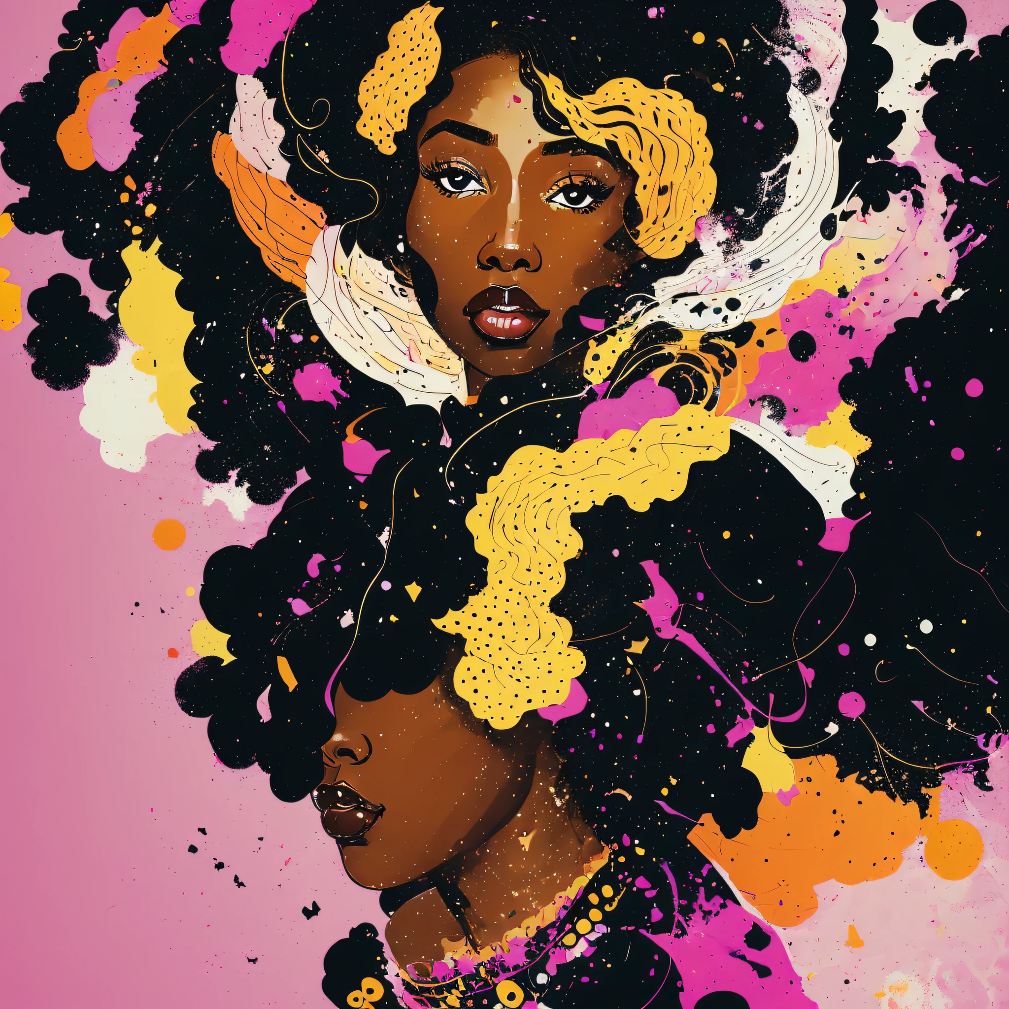 Illustration of confident young black woman, bravery pose, heroine, soft and abstract background --auto --s2