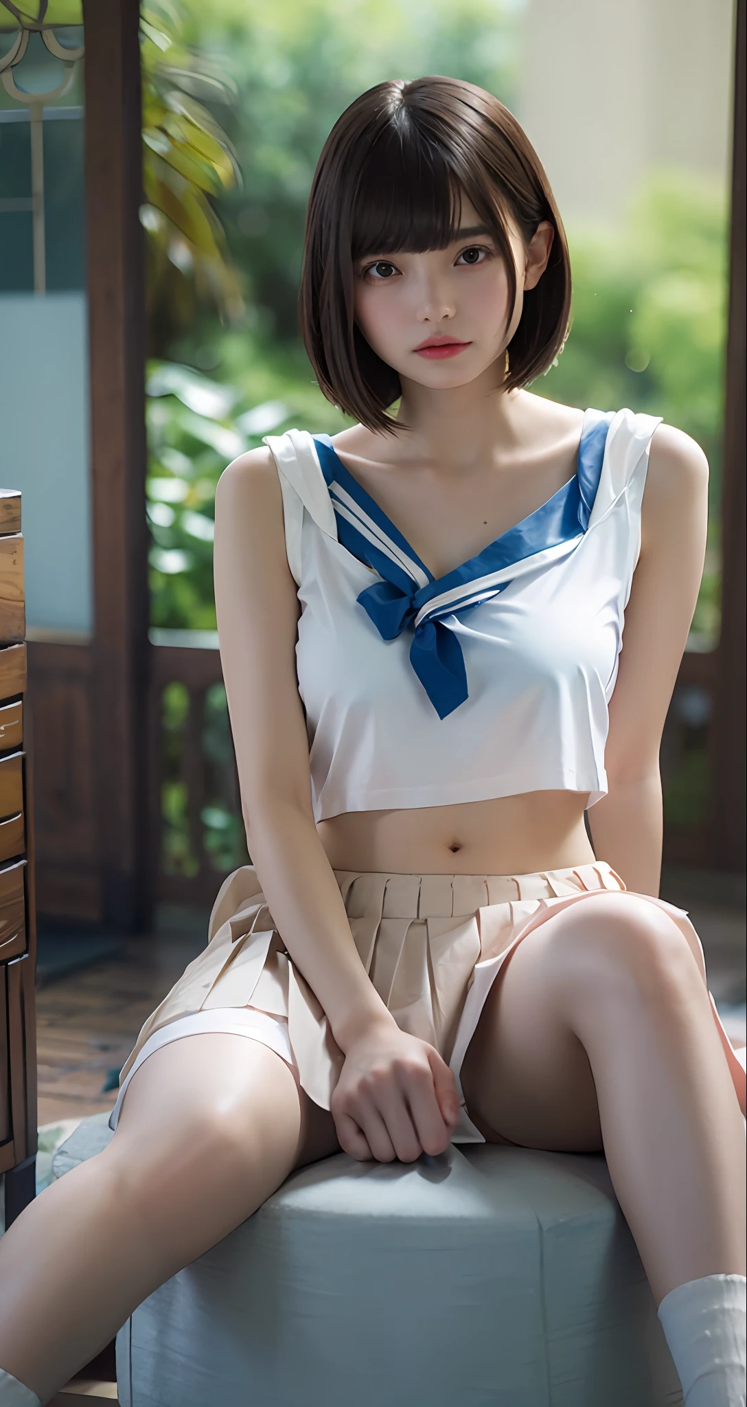 skirt lift,((Best Quality, 8k, Masterpiece:1.3))),nsfw2.5,cameltoe,(see through),underboob,Torn clothes:1.5,Sailor suit,Miniskirt,Openlegs:1.5,Seated,1 girl, Beauty with slender abs: 1.3,(Dark brown hair, bob cut hair,Big :1.2), Wet Body: 1.2, Super Detail Face, Detail Eye, Double Eyelids, Tank Top, Shirt Lift, Open Legs