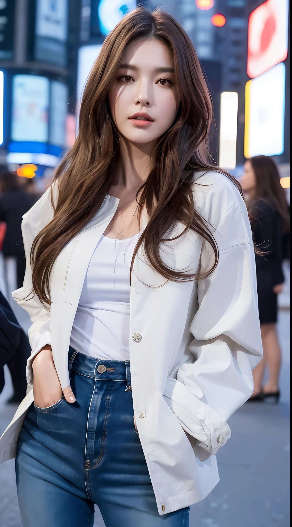 (Best quality, 8k, High resolution, Masterpiece :1.3), A tall and pretty woman, Slender figure, Dark brown hair styled in loose waves, White t-shirt covered by open jacket, Jean pants, (Time square at night), Details exquisitely rendered in the face and skin texture, Detailed eyes, Double eyelid