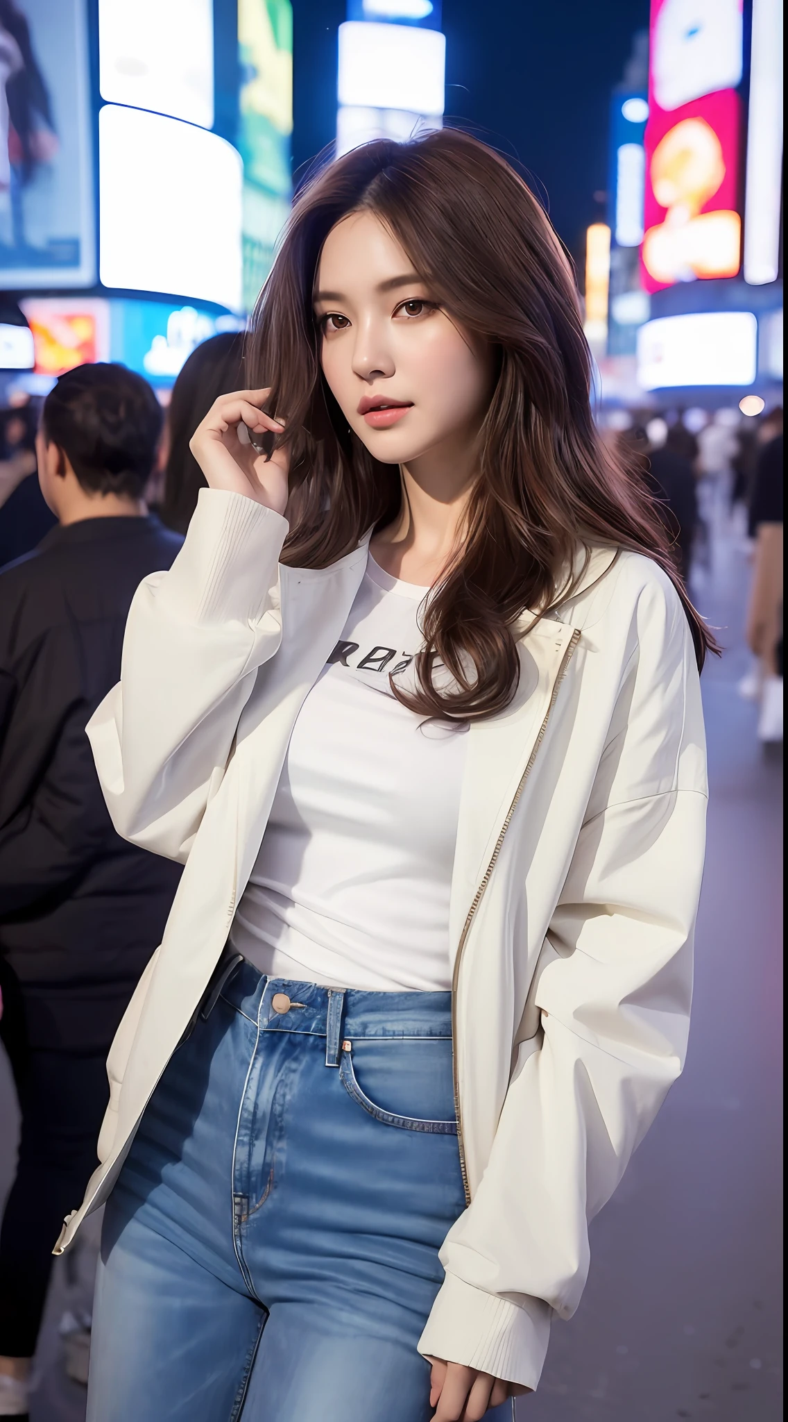 (Best quality, 8k, High resolution, Masterpiece :1.3), A tall and pretty woman, Slender figure, Dark brown hair styled in loose waves, White t-shirt covered by open jacket, Jean pants, (Time square at night), Details exquisitely rendered in the face and skin texture, Detailed eyes, Double eyelid