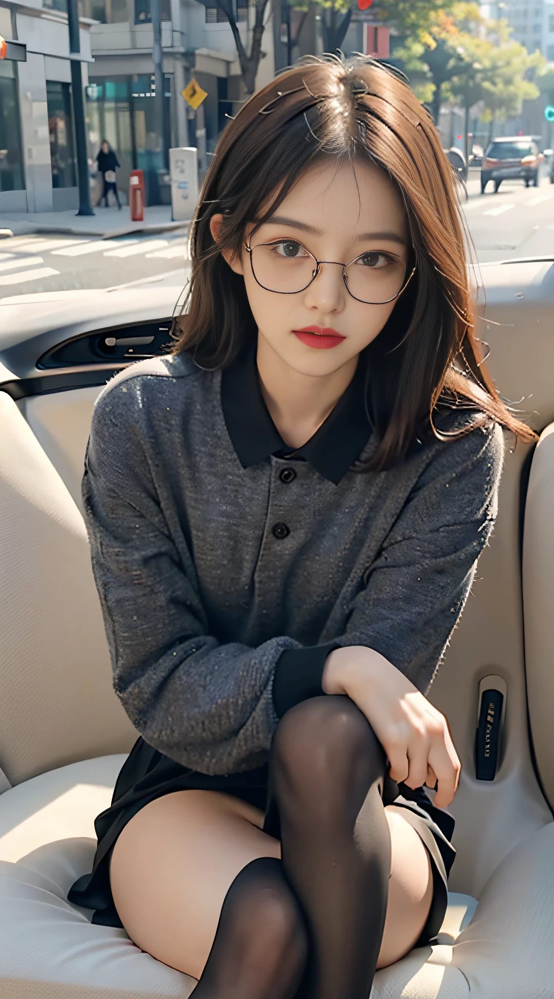 Best quality, full body portrait, delicate face, pretty face, 25 year old woman, slim figure, small bust, OL uniform, office clothes, black stockings, outdoor scene, sitting position, wearing glasses