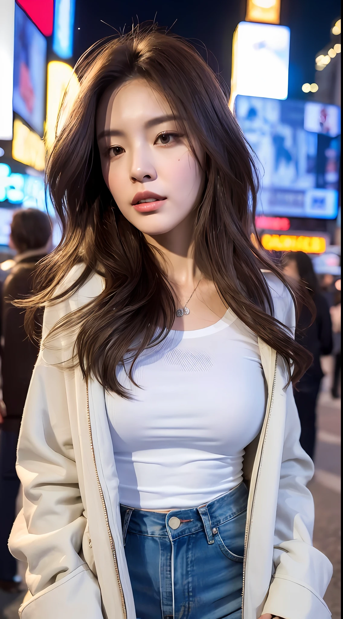 (Best quality, 8k, High resolution, Masterpiece :1.3), A tall and pretty woman, Slender figure, Dark brown hair styled in loose waves, White t-shirt covered by open jacket, Jean pants, (Time square at night), Details exquisitely rendered in the face and skin texture, Detailed eyes, Double eyelid