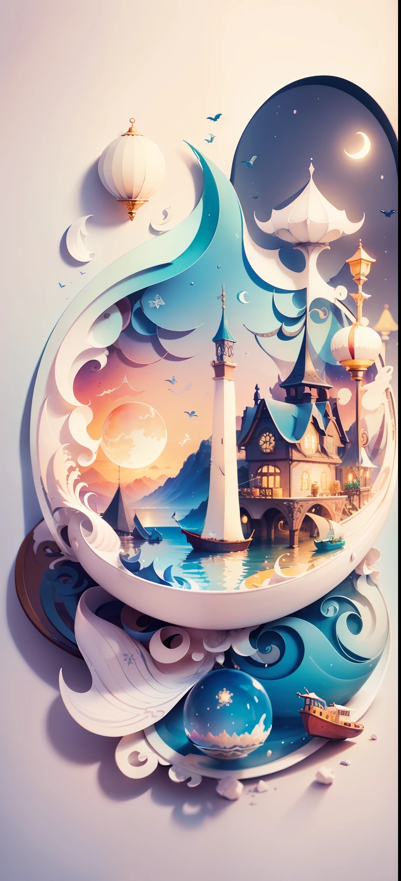 Softlight, (warm color: 1.2), watercolor painting, clear background, exquisite details of better quality, 3D rendering, Octane rendering, pastel, hourglass, Moon, boat, sea, storm, (paper_cut: 1.15),