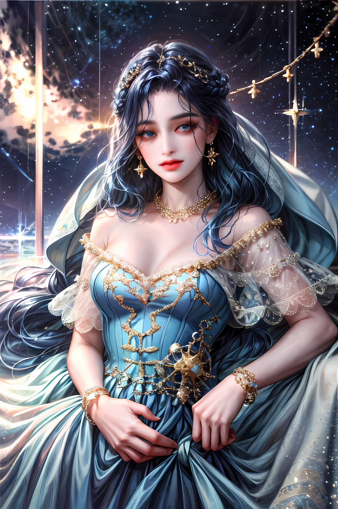 ( High quality , ultra detailed, careful with hand )Zodiac - Sagittarius goddess , similar to latin goodness . Optimistic, fair-minded, funny and intellectual face . Reckless, cold-hearted, impatient, overconfident style . Dark blue eyes (eyes detail) , deep blue hair with bling bling , transparent dress , in the ocean with stars , whole body , fire make up look , god Chiron