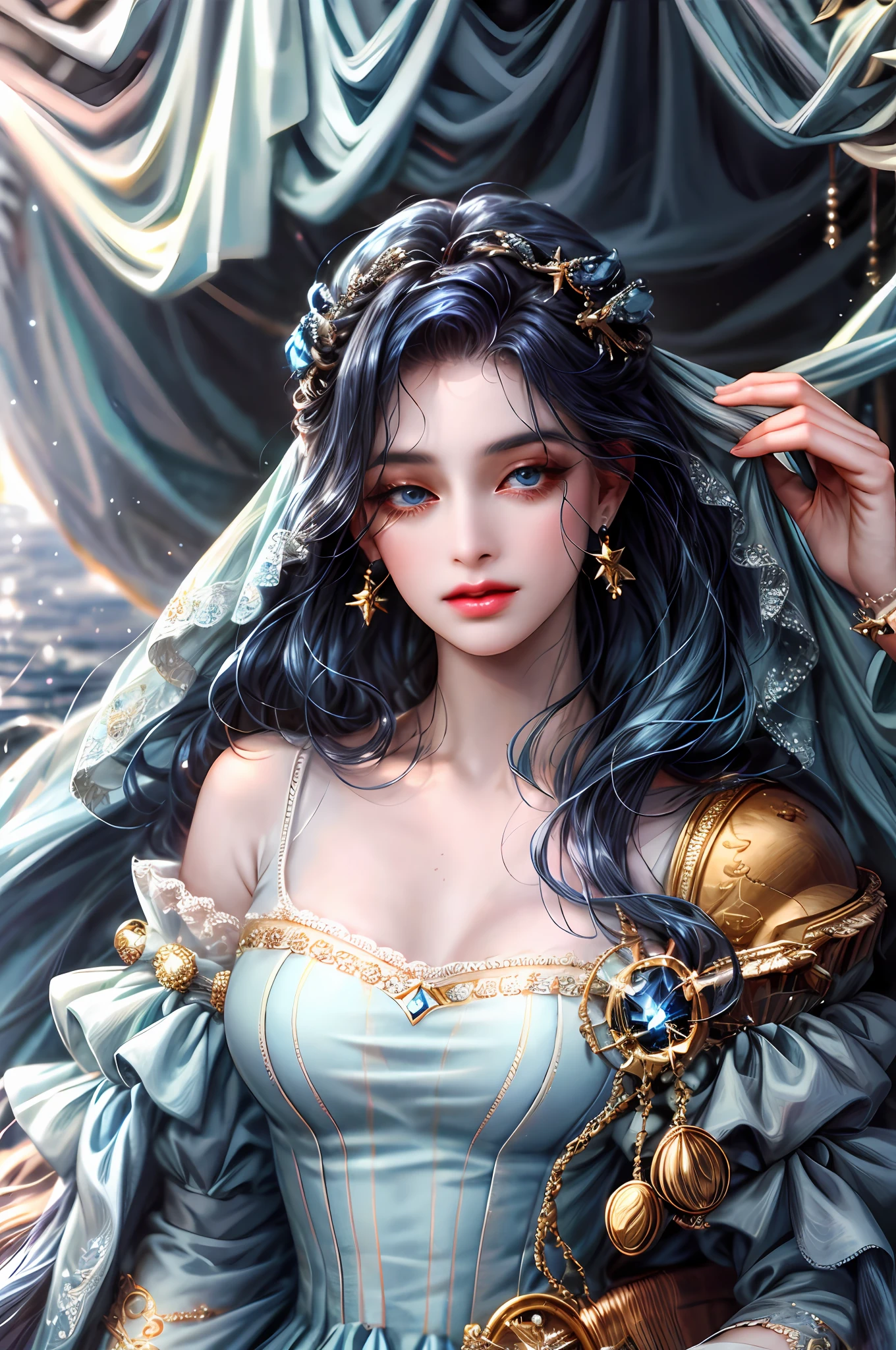 ( High quality , ultra detailed, careful with hand )Zodiac - Sagittarius goddess , similar to latin goodness . Optimistic, fair-minded, funny and intellectual face . Reckless, cold-hearted, impatient, overconfident style . Dark blue eyes (eyes detail) , deep blue hair with bling bling , transparent dress , in the ocean with stars , whole body , fire make up look , god Chiron