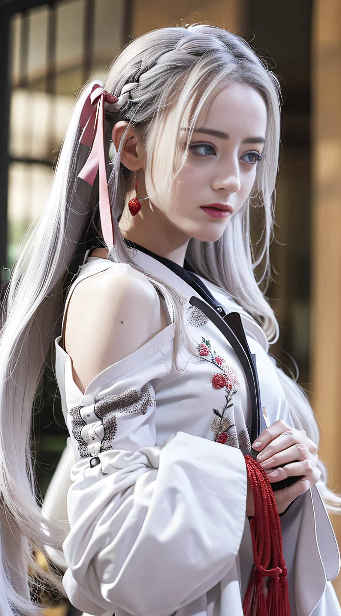 1 girl, white hair, hanfu, embroidery, detail, off-the-shoulder, hanfu, front, full body photo, close-up, (best quality: 1.4), ((masterpiece)), ((reality)), (detailed), (realistic: 1.4),