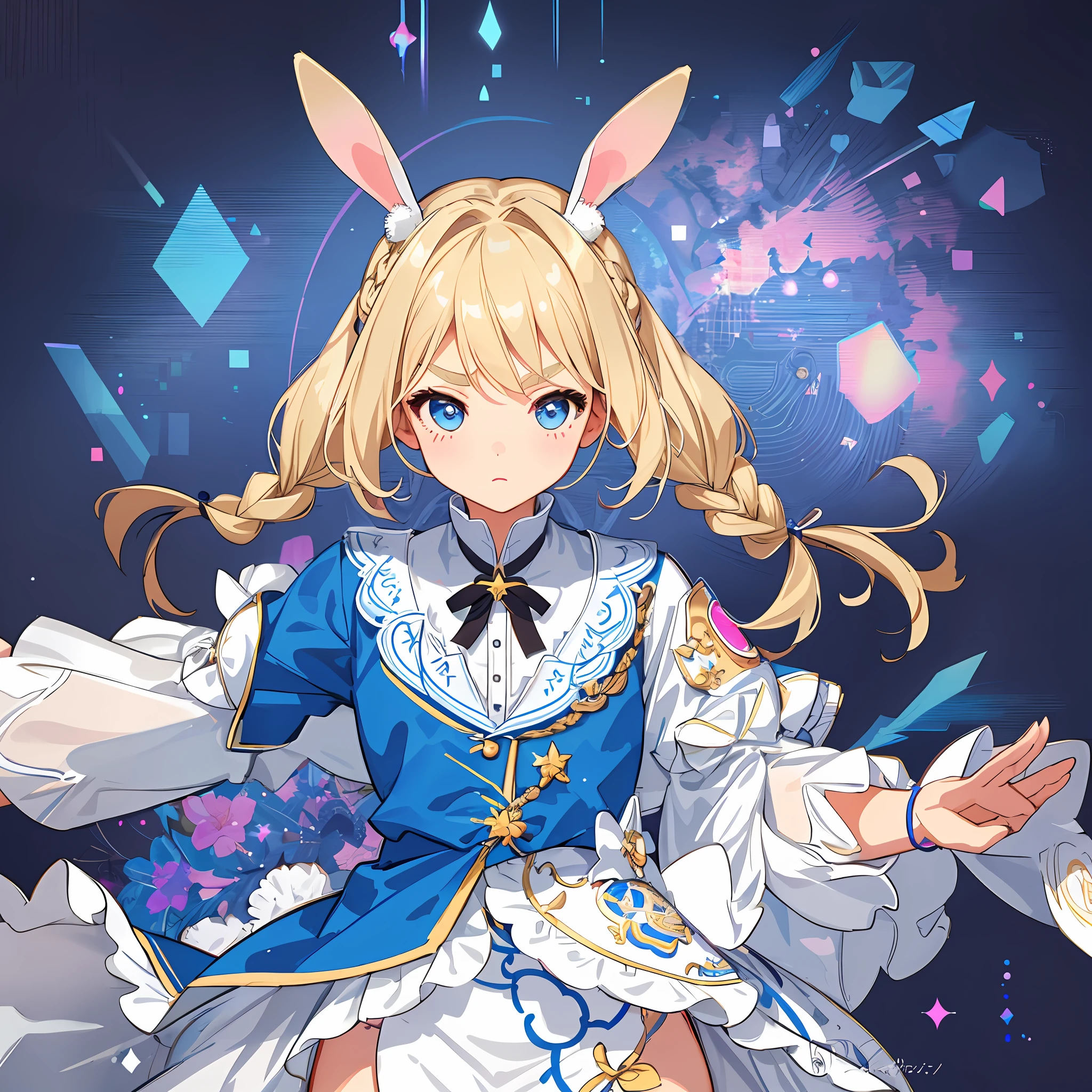 Prints, natural luminescence, small, female brats, thick eyebrows, thin waist, pigtails, beautiful blonde hair, braids, rabbit ears, (masterpiece), ((highest quality)), (super detailed), girl, clean and detailed face, five fingers, textile shading, perfect human body structure, perfect anatomy,