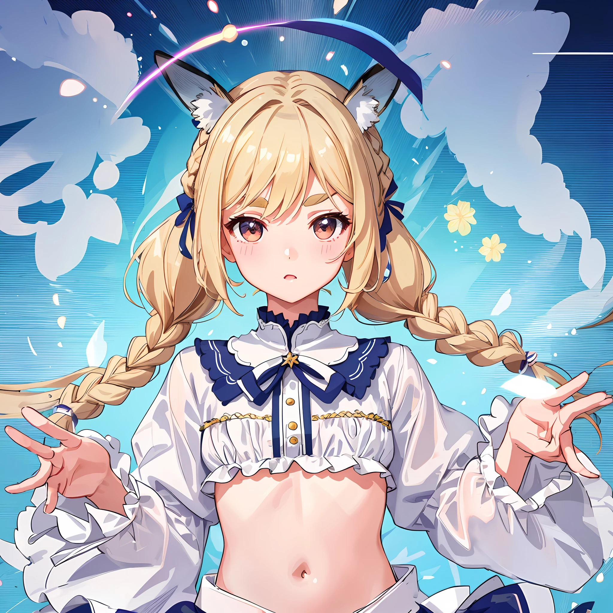 Prints, natural luminescence, small, female brats, thick eyebrows, thin waist, pigtails, beautiful blonde hair, braids, rabbit ears, (masterpiece), ((highest quality)), (super detailed), girl, clean and detailed face, five fingers, textile shading, perfect human body structure, perfect anatomy,
