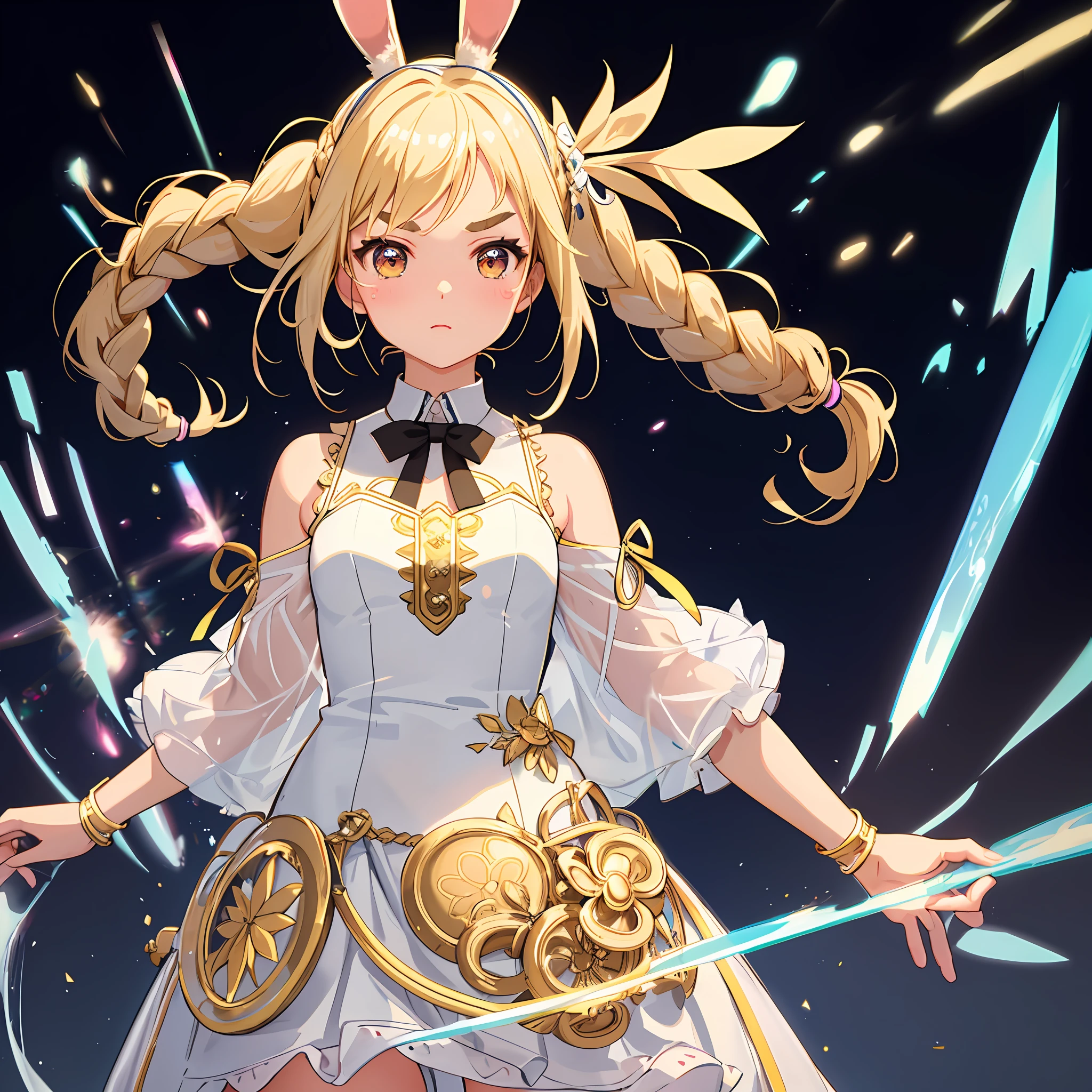 Prints, natural luminescence, small, female brats, thick eyebrows, thin waist, pigtails, beautiful blonde hair, braids, rabbit ears, (masterpiece), ((highest quality)), (super detailed), girl, clean and detailed face, five fingers, textile shading, perfect human body structure, perfect anatomy,