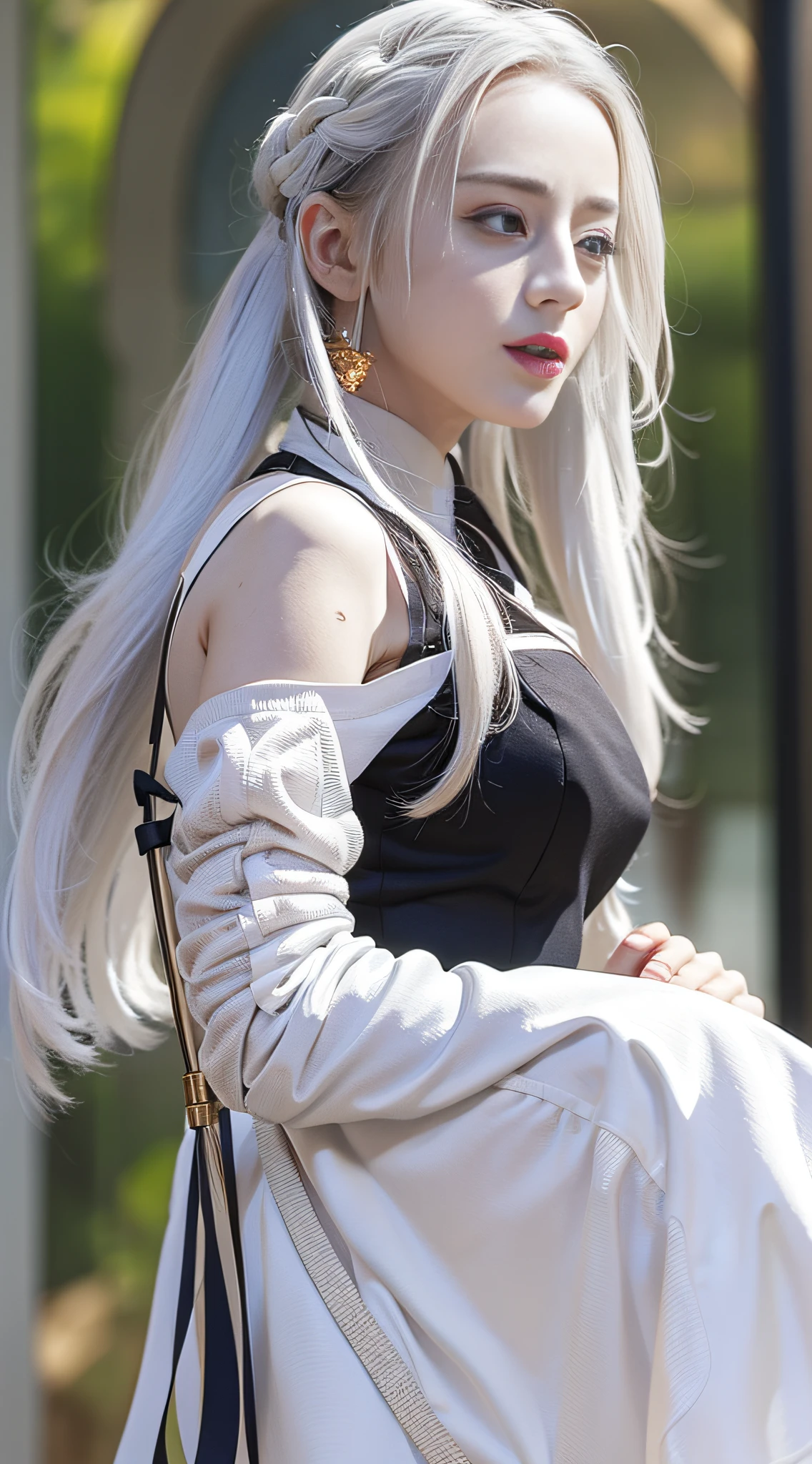 1 girl, white hair, hanfu, embroidery, detail, off-the-shoulder, hanfu, front, full body photo, close-up, (best quality: 1.4), ((masterpiece)), ((reality)), (detailed), (realistic: 1.4),