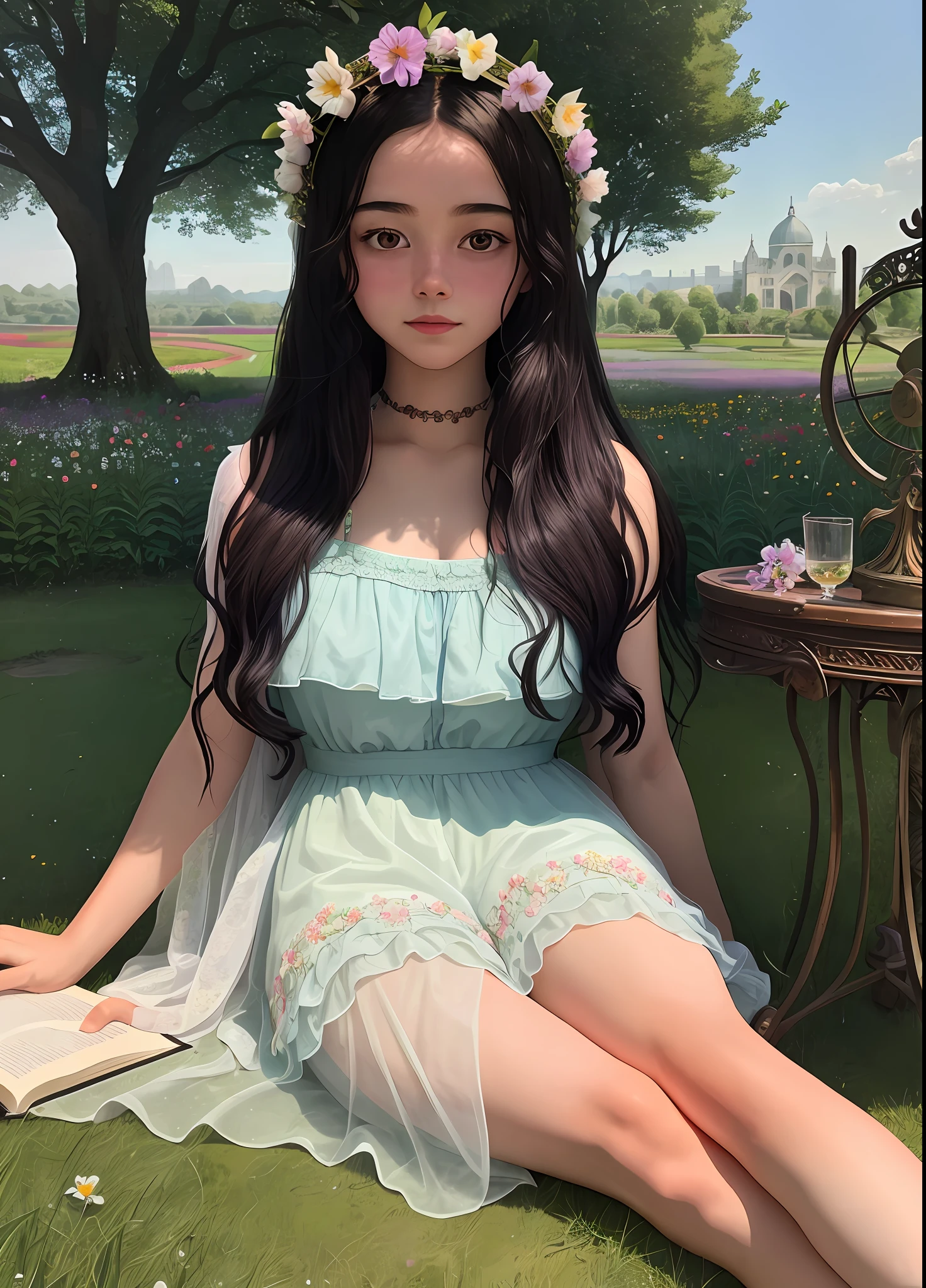 a painting of a European woman lying in a field of flowers, grapes, a scene where she is in Rivendell inspired by Felice Casorati, a portrait of a high school girl, a woman with long black hair, with an open book, decaying dappled sunlight, listing the image, she is the center of the garden
