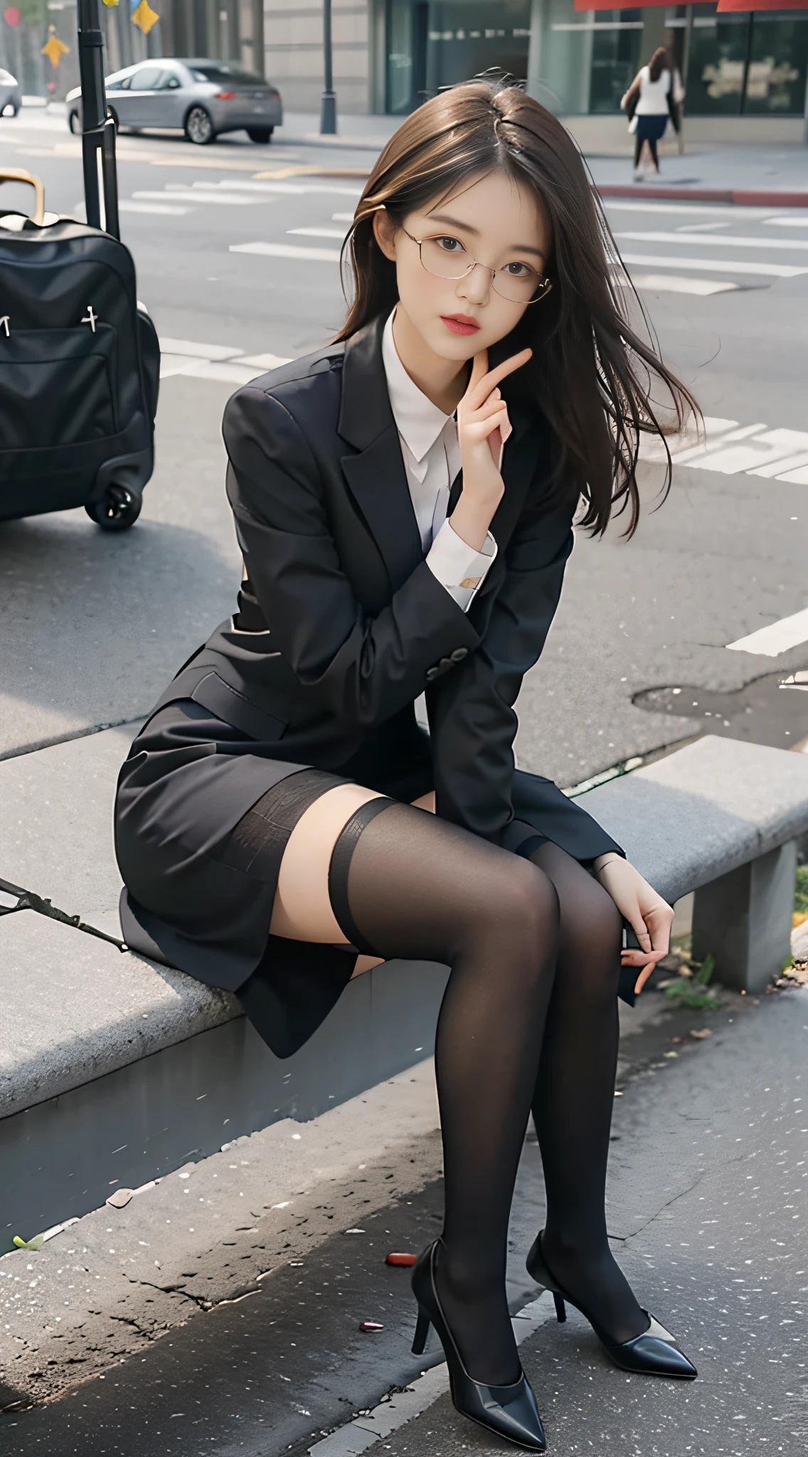 Best quality, full body portrait, delicate face, pretty face, 25 year old woman, slim figure, small bust, OL uniform, office clothes, black stockings, outdoor scene, sitting position, wearing glasses