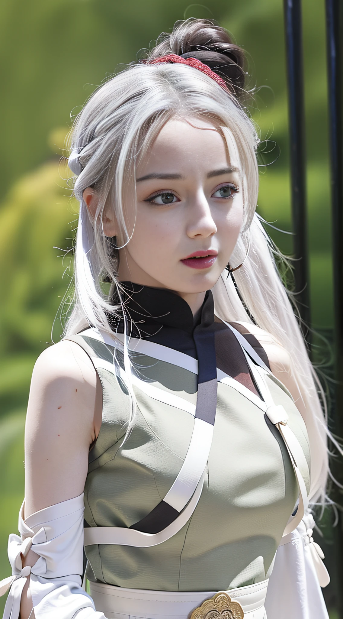 1 girl, white hair, hanfu, embroidery, detail, off-the-shoulder, hanfu, front, full body photo, close-up, (best quality: 1.4), ((masterpiece)), ((reality)), (detailed), (realistic: 1.4),
