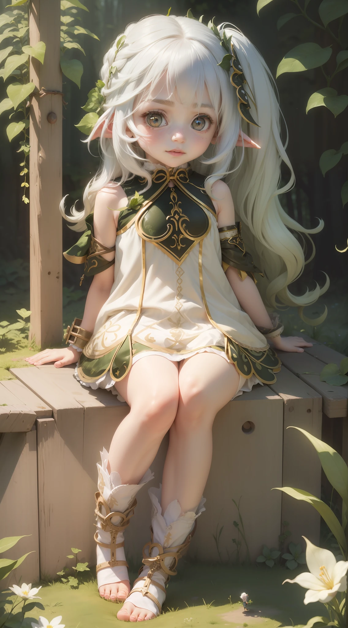 1 girl, loli, 3D, small world, cute, (feet: 1.3), mischievous face, pale skin, white_hair, looking at the audience, sitting, meadow, forest, spring, available light, full body, symbol shaped pupils,