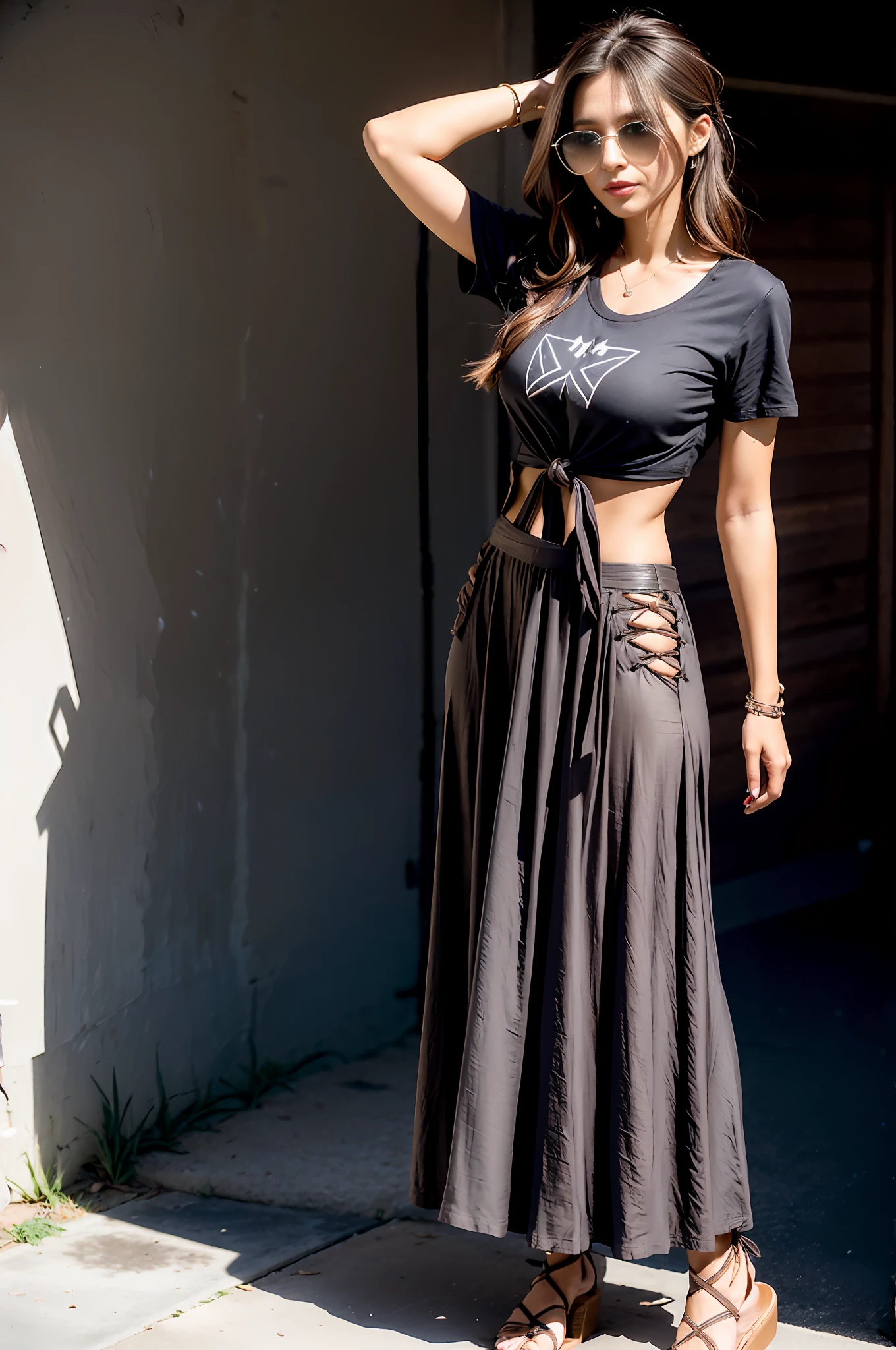 a woman named meg has sharp angular cheekbones, full lips, and a slightly upturned nose. Her meyes are brown large and almond-shaped with a prominent crease, perfect and detailed, she has dark brown hair styled in loose waves, ( Flowy maxi skirt with a tied-up graphic tee and strappy sandals:1.2), bedroom