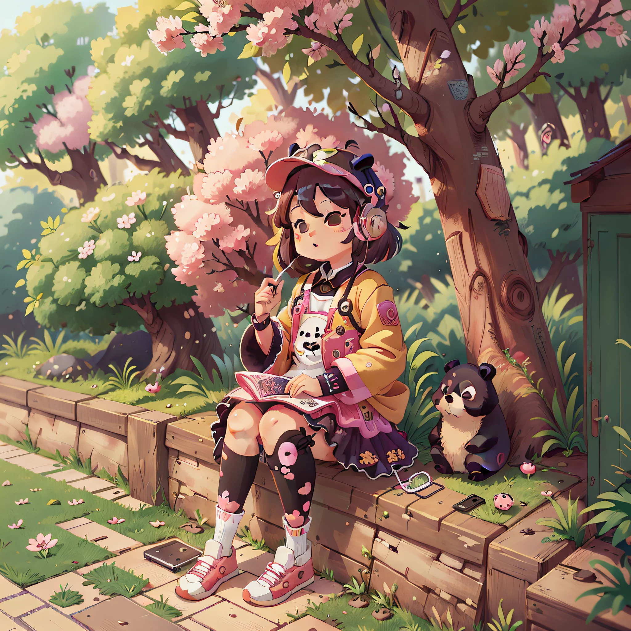 "[(artwork: 1.3), (beautiful Harajuku style: 1.2)] | ultra-detailed 4k wallpaper CG unit | Charming male panda manga style | Listening to music under a cherry tree | vibrant color 🐼🌸🎵 gradation "