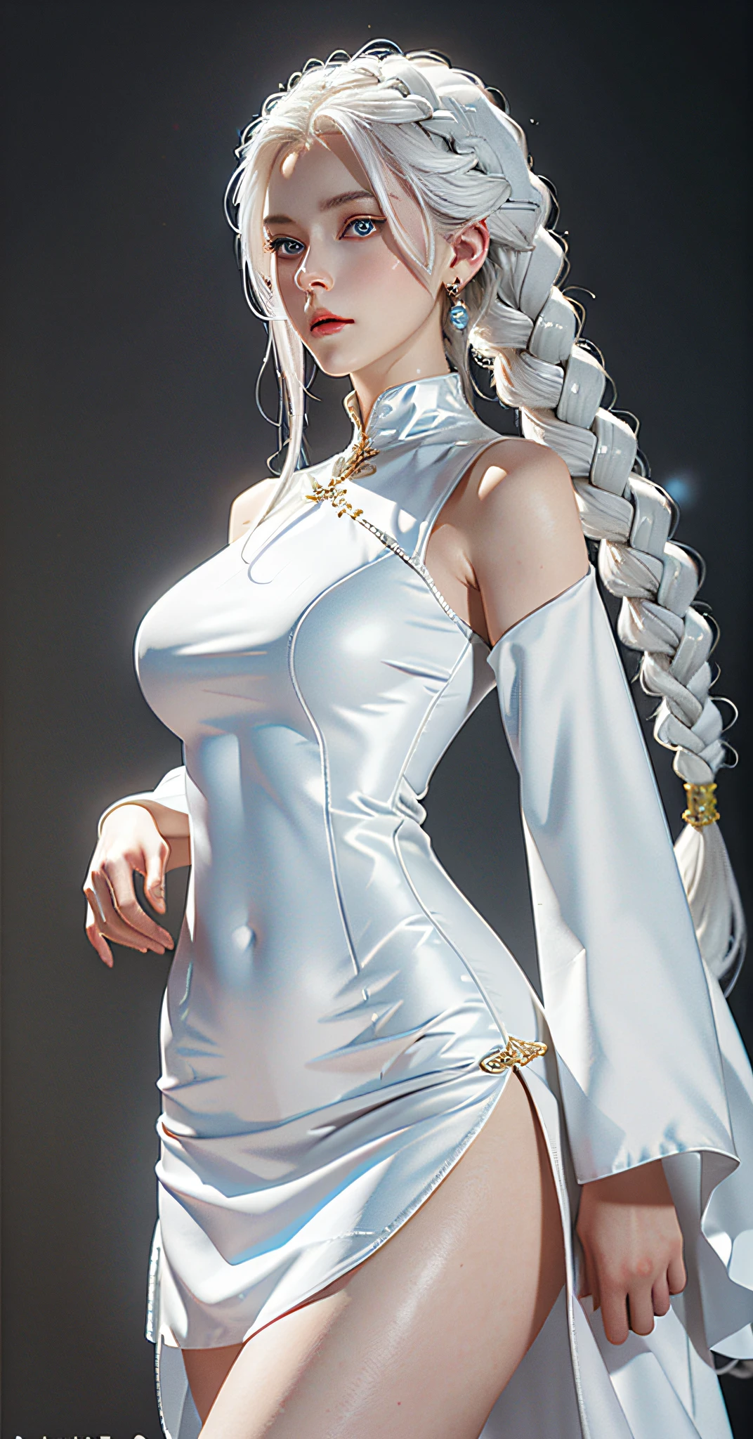 16K, Best Quality, Best, Masterpiece, White Hair, Golden Eyes, White Clothes, Looking Up, Hair, Gray Fair Skin, Side Braids, Big Breasts, Thin Waist, Long Legs, Tight Dress