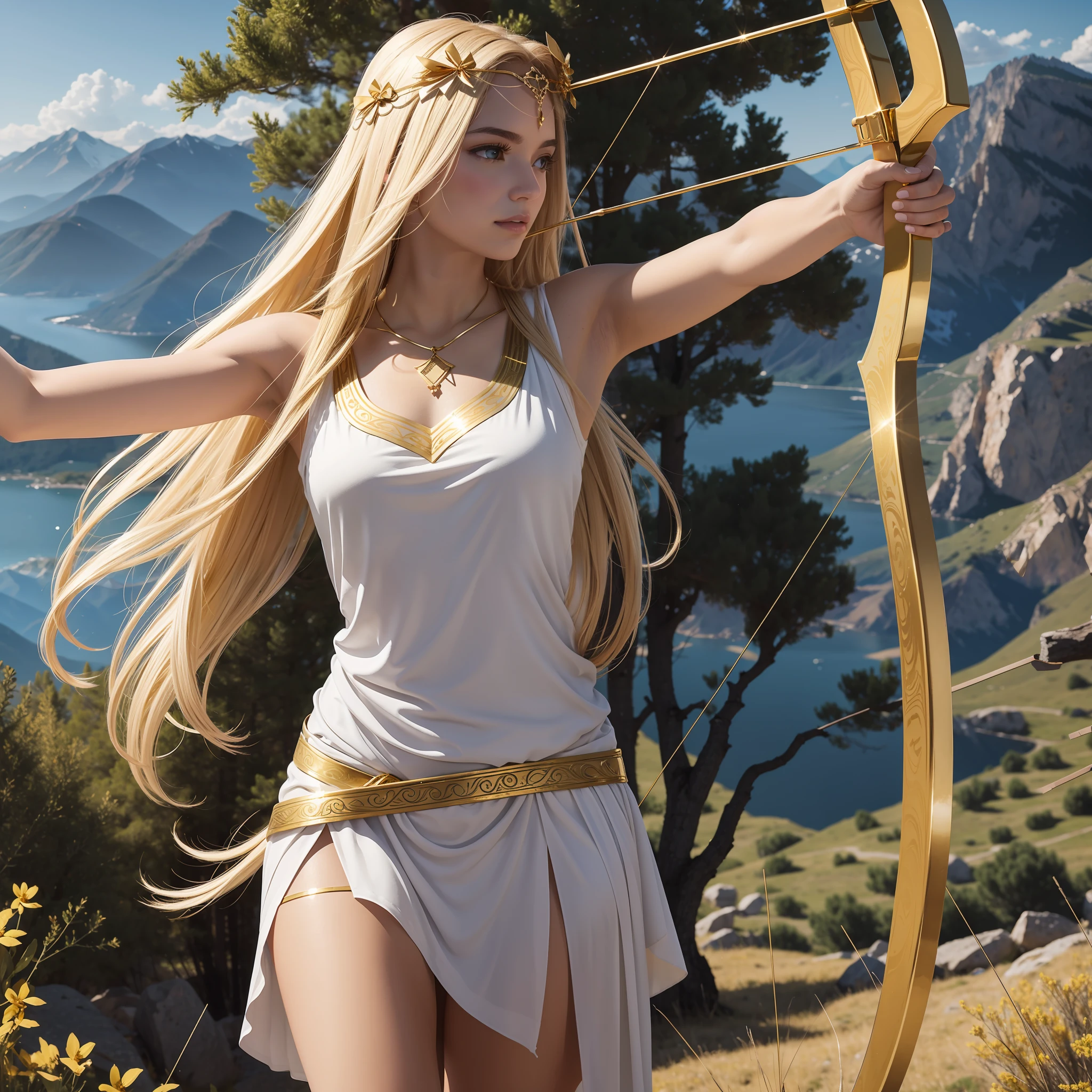 Mountains, gold bows, harmoniously on the background, (no fingers)