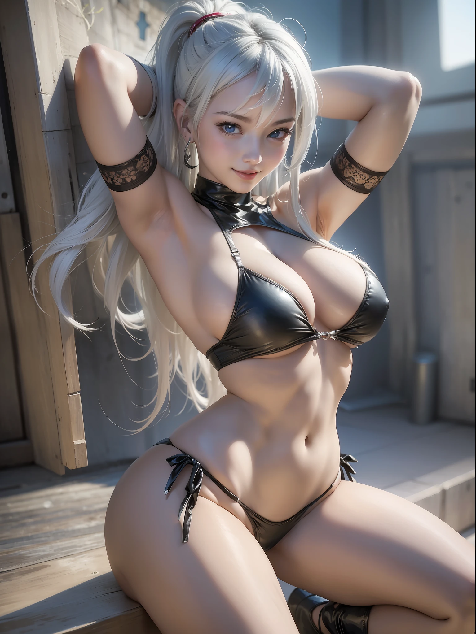 Masterpiece, illustration, cartoon, 1 girl, huge breasts, big breasts, hanging breasts, simple background, posing, smile, half naked, long string bikini, anime girl, perfect, racy micro bikini, crouching, armpits, silver hair, (young:1.5)