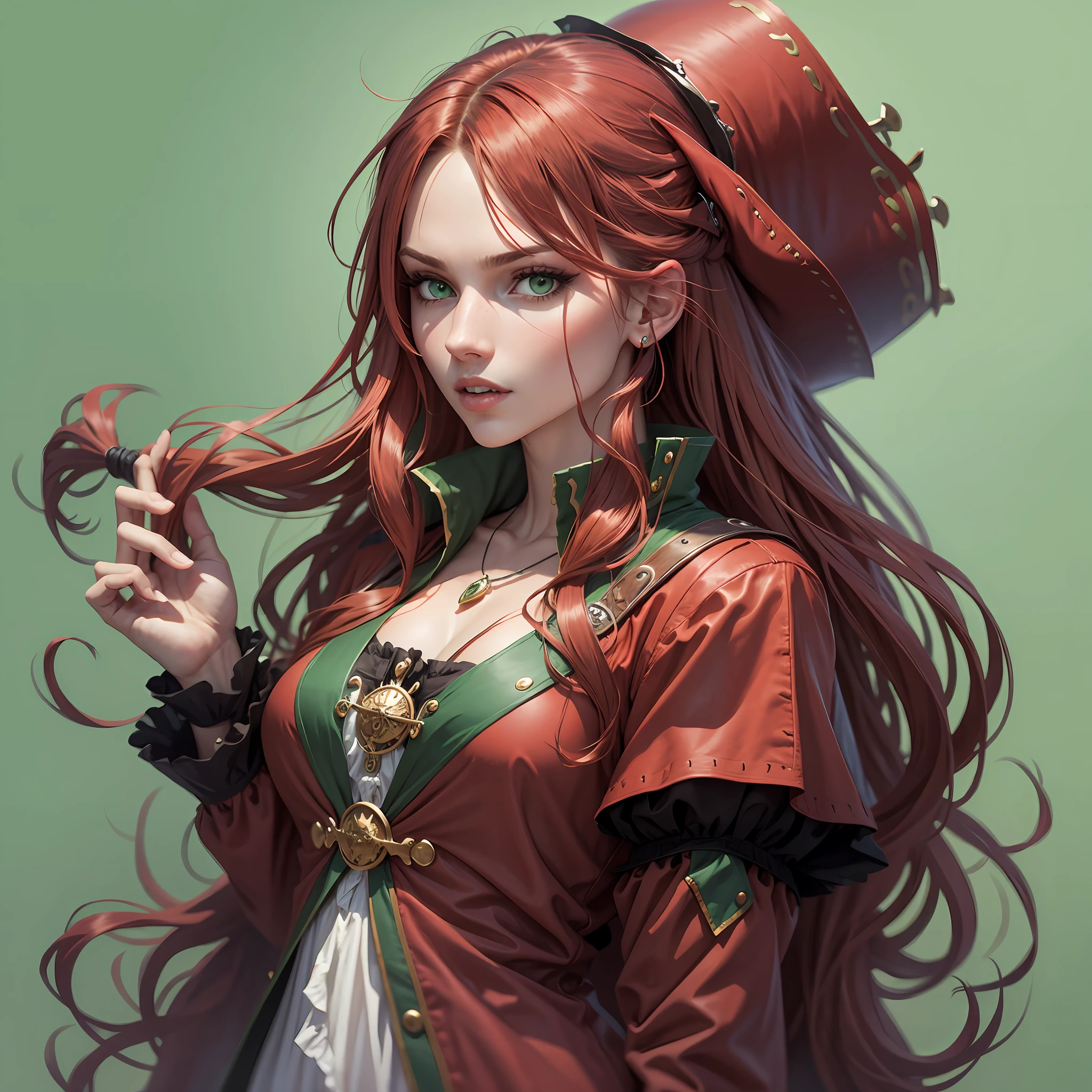 Red woman with long hair, green eyes and dressed as a pirate --auto --s2